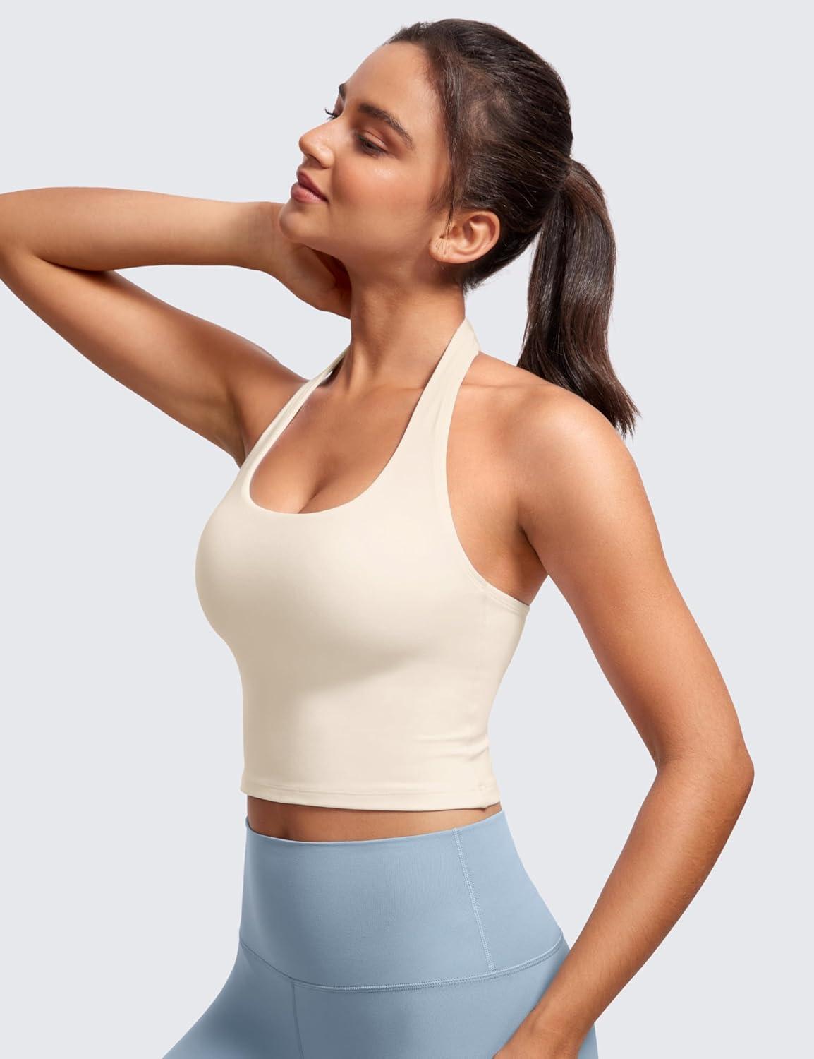 imageCRZ YOGA Butterluxe Halter Crop Tank Tops for Women Open Back Padded Longline Sports Bras Workout GymWhite Apricot