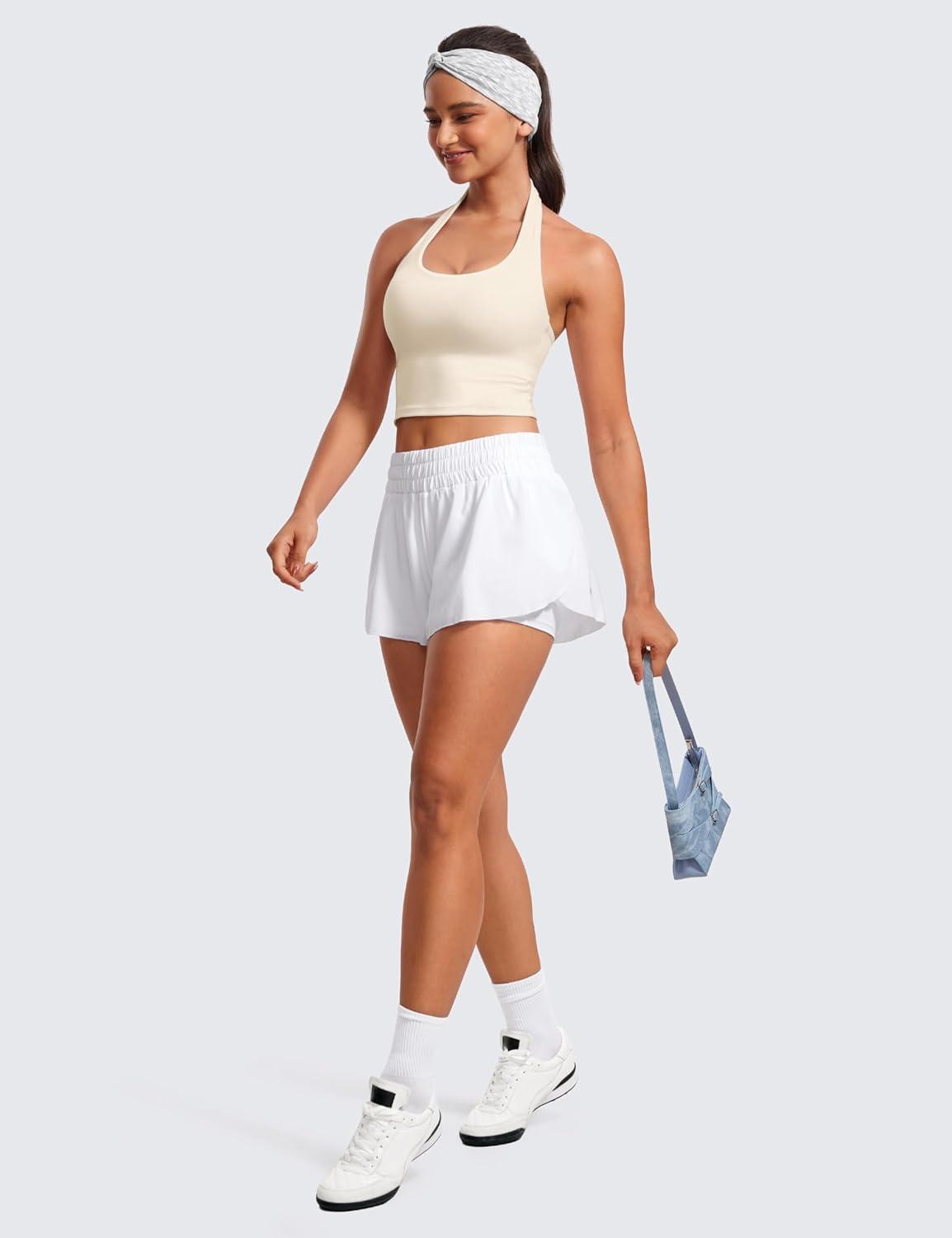 imageCRZ YOGA Butterluxe Halter Crop Tank Tops for Women Open Back Padded Longline Sports Bras Workout GymWhite Apricot