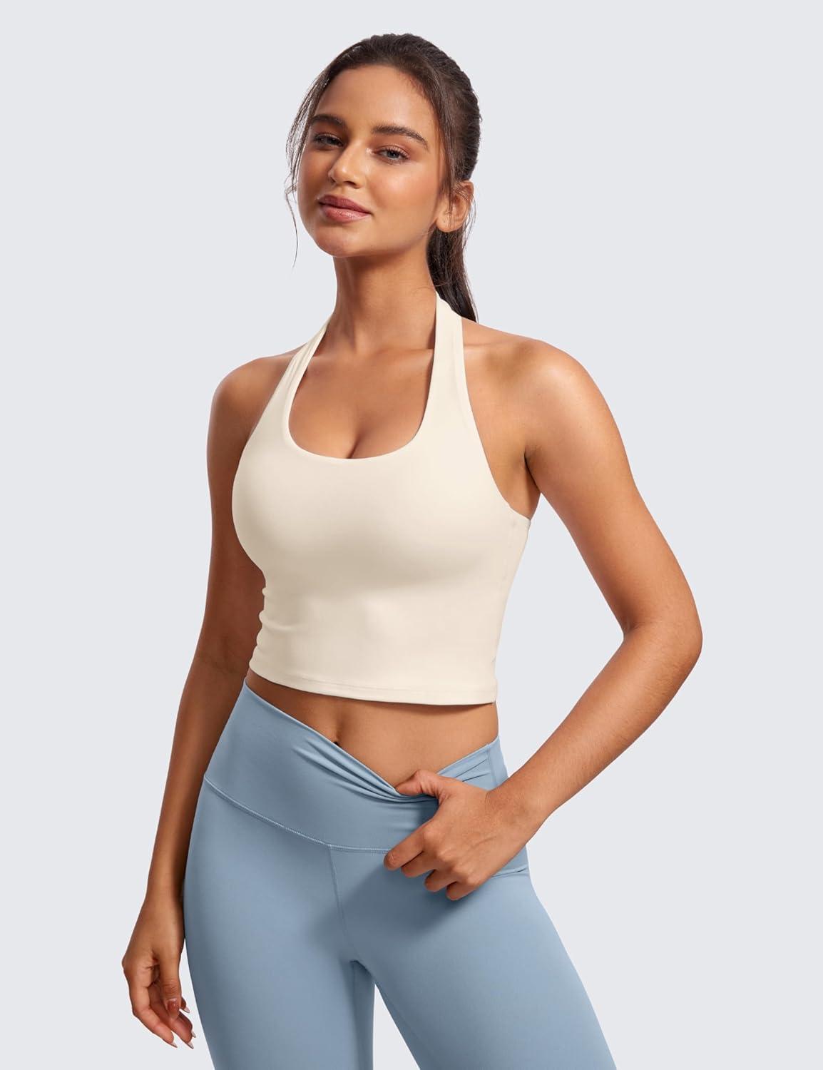 imageCRZ YOGA Butterluxe Halter Crop Tank Tops for Women Open Back Padded Longline Sports Bras Workout GymWhite Apricot