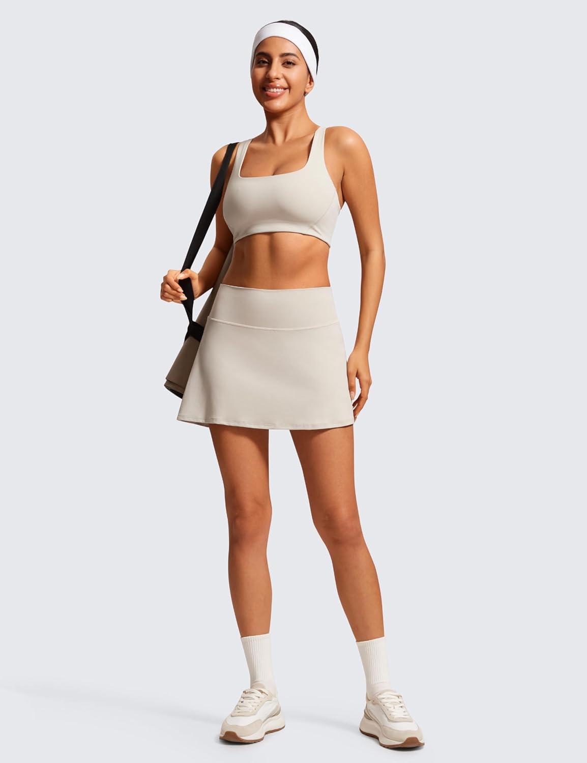 imageCRZ YOGA Butterluxe High Waisted Tennis Skirts for Women Mini Lined A Line Golf Casual Skort with Inner PocketsMojave Tan