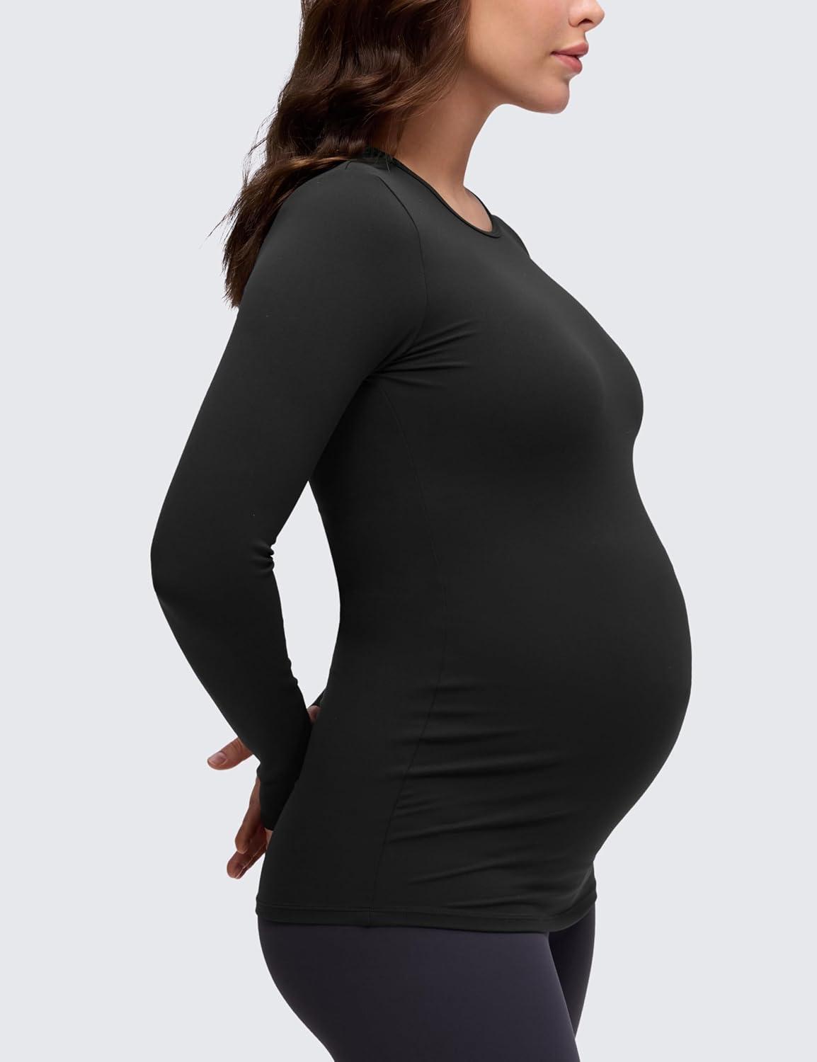 imageCRZ YOGA Butterluxe Maternity Crewneck Long Sleeve Shirts Athletic Yoga Casual Pregnancy Womens Tee Tops Basic Layer SoftBlack