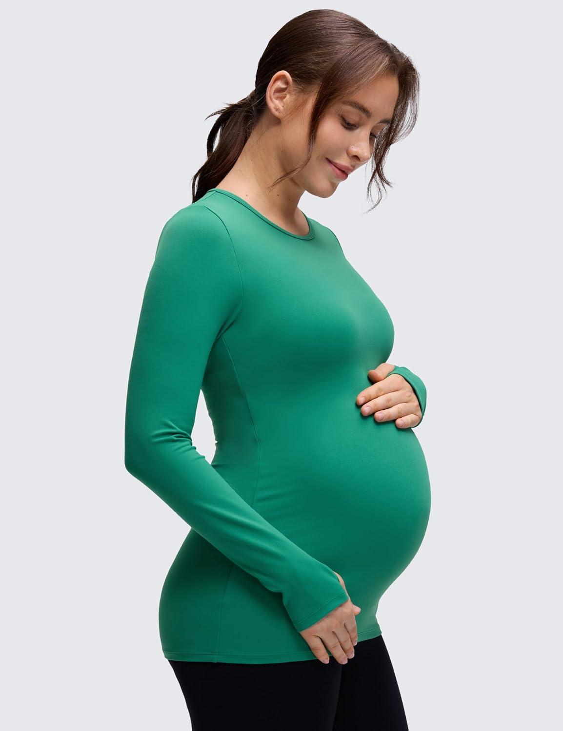 imageCRZ YOGA Butterluxe Maternity Crewneck Long Sleeve Shirts Athletic Yoga Casual Pregnancy Womens Tee Tops Basic Layer SoftCascadia Green