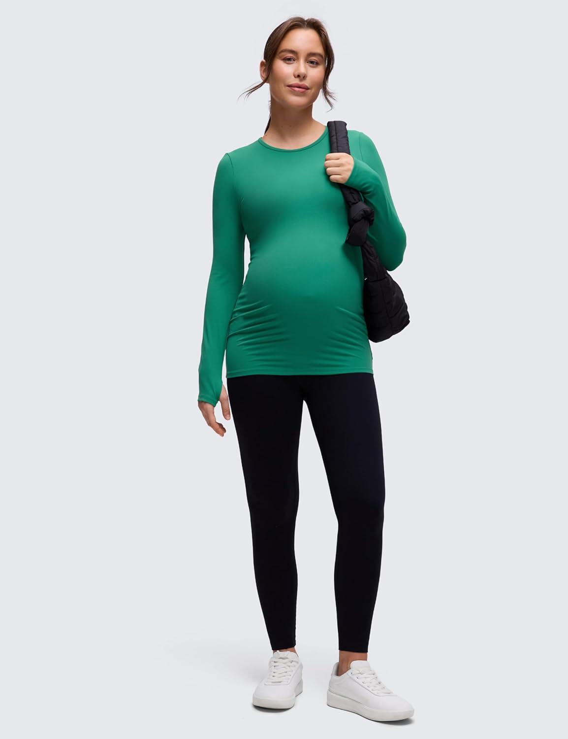 imageCRZ YOGA Butterluxe Maternity Crewneck Long Sleeve Shirts Athletic Yoga Casual Pregnancy Womens Tee Tops Basic Layer SoftCascadia Green