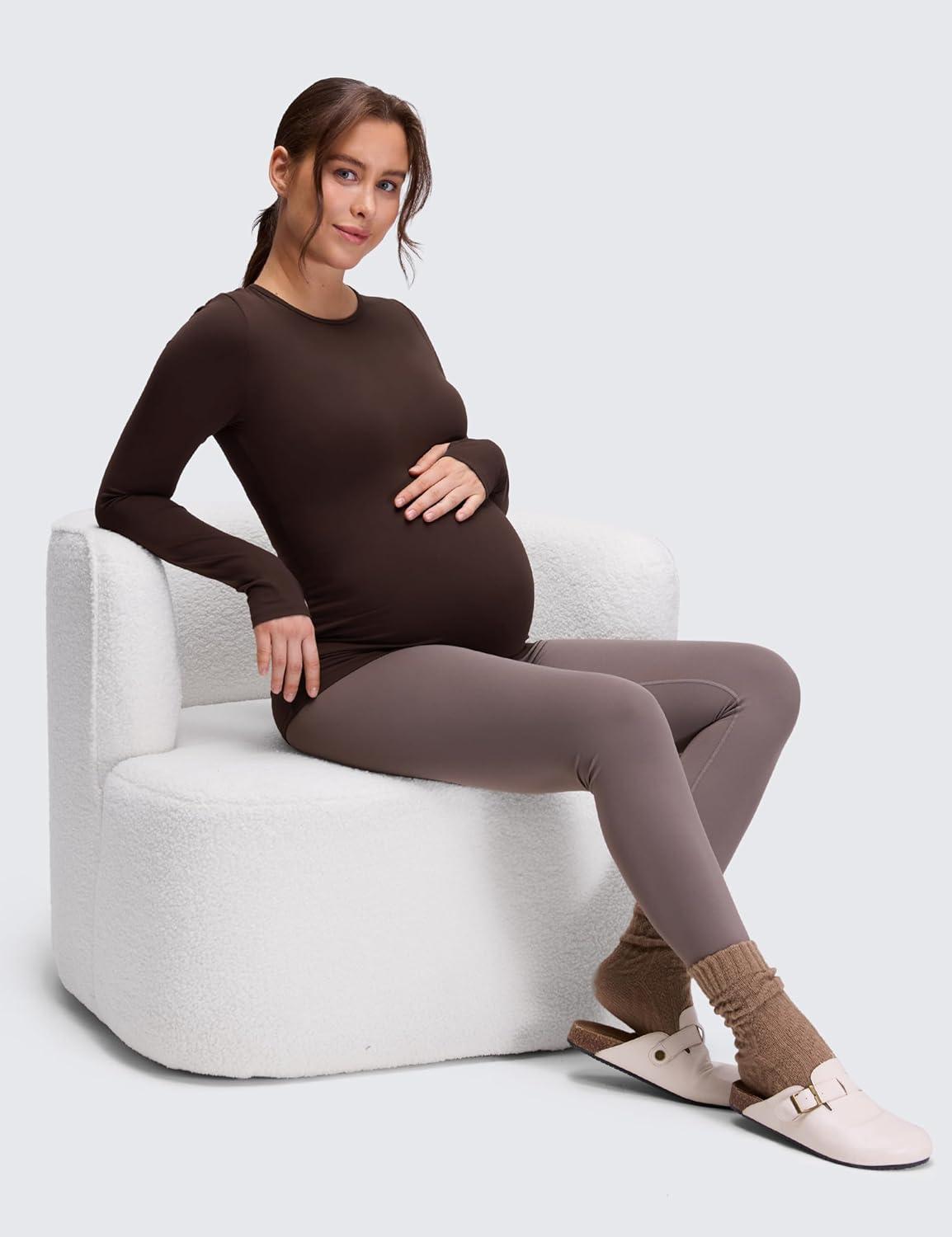 imageCRZ YOGA Butterluxe Maternity Crewneck Long Sleeve Shirts Athletic Yoga Casual Pregnancy Womens Tee Tops Basic Layer SoftHot Fudge Brown