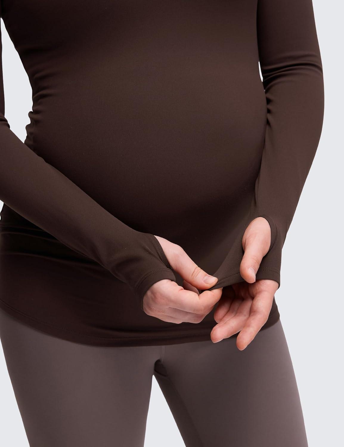imageCRZ YOGA Butterluxe Maternity Crewneck Long Sleeve Shirts Athletic Yoga Casual Pregnancy Womens Tee Tops Basic Layer SoftHot Fudge Brown