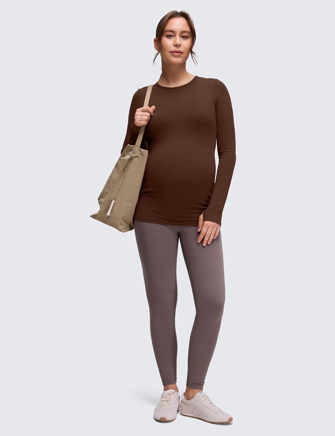 imageCRZ YOGA Butterluxe Maternity Crewneck Long Sleeve Shirts Athletic Yoga Casual Pregnancy Womens Tee Tops Basic Layer SoftLava Brown
