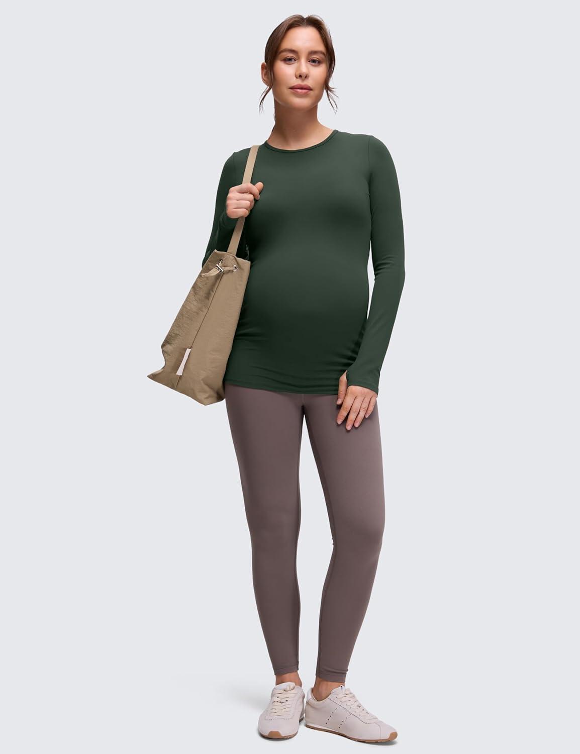 imageCRZ YOGA Butterluxe Maternity Crewneck Long Sleeve Shirts Athletic Yoga Casual Pregnancy Womens Tee Tops Basic Layer SoftLegend Green