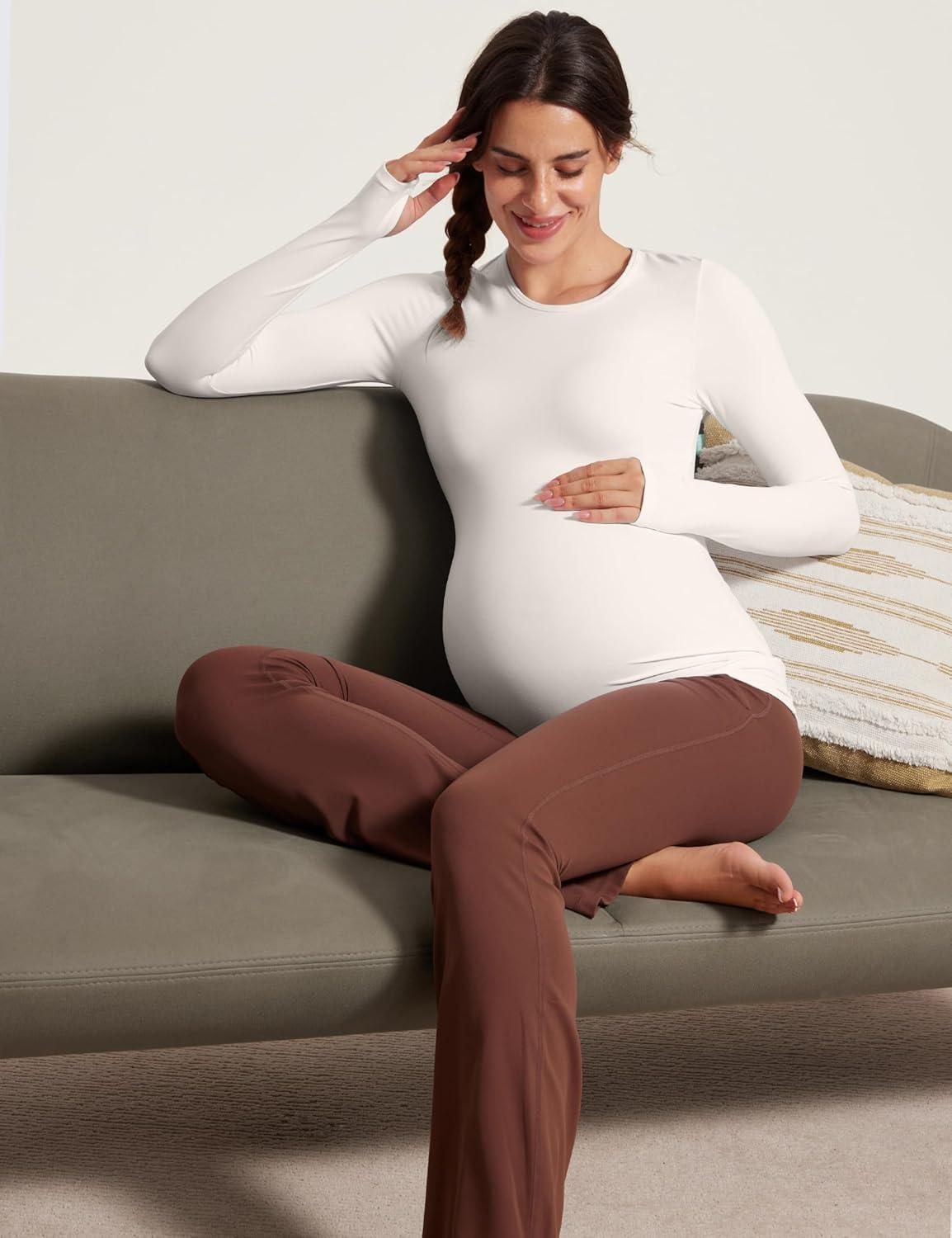 imageCRZ YOGA Butterluxe Maternity Crewneck Long Sleeve Shirts Athletic Yoga Casual Pregnancy Womens Tee Tops Basic Layer SoftMilky White Bone