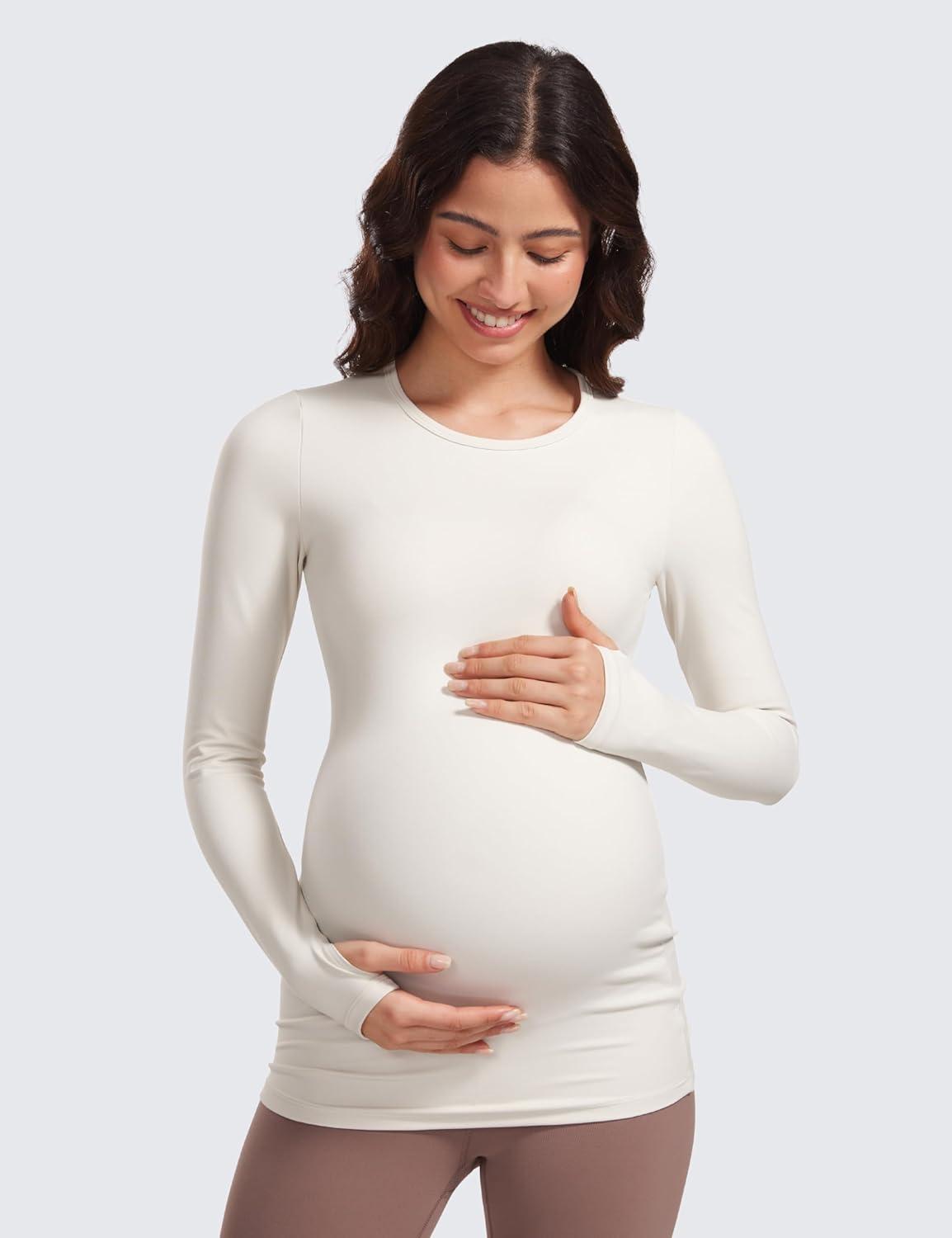 imageCRZ YOGA Butterluxe Maternity Crewneck Long Sleeve Shirts Athletic Yoga Casual Pregnancy Womens Tee Tops Basic Layer SoftMilky White Bone