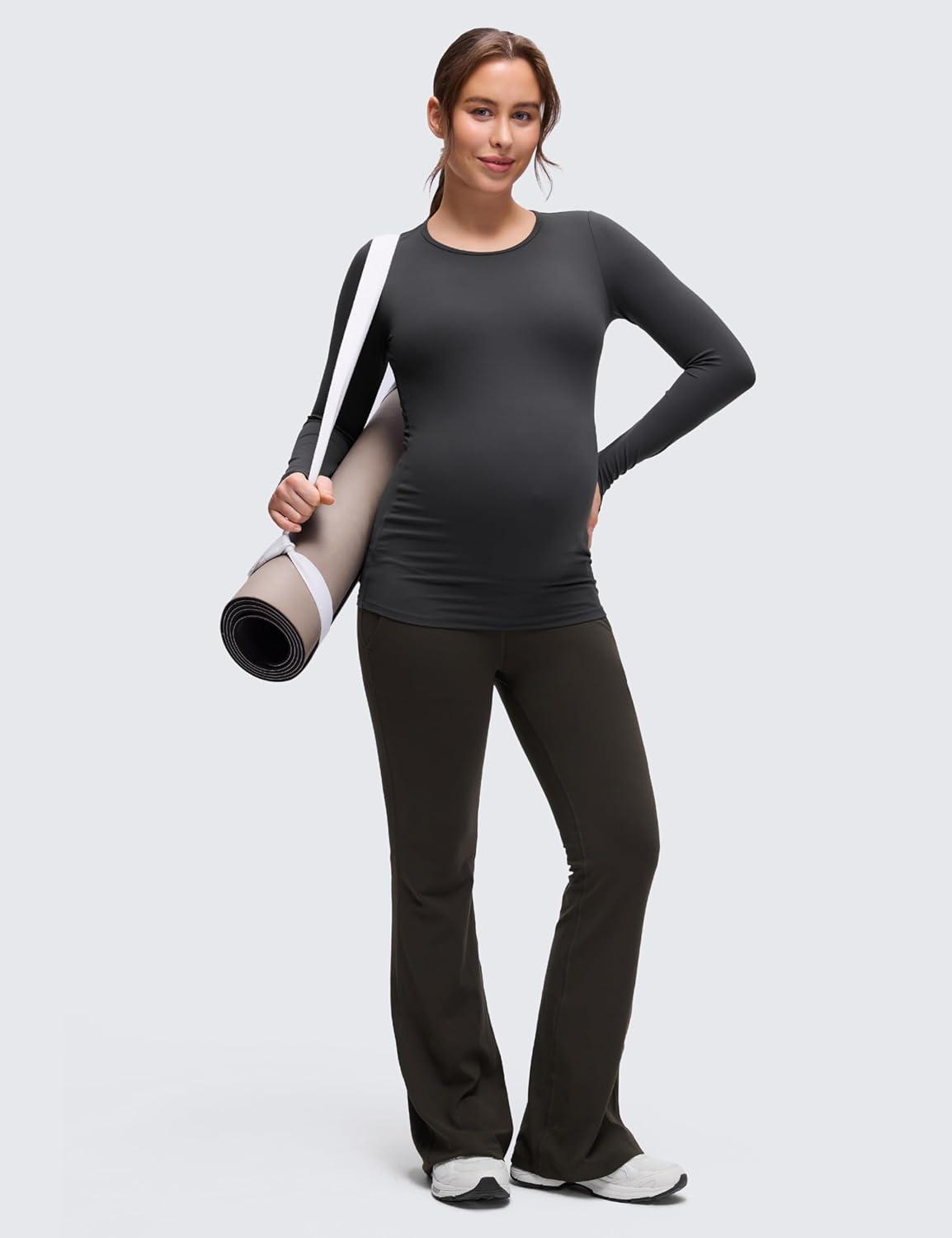imageCRZ YOGA Butterluxe Maternity Crewneck Long Sleeve Shirts Athletic Yoga Casual Pregnancy Womens Tee Tops Basic Layer SoftMysterious Grey