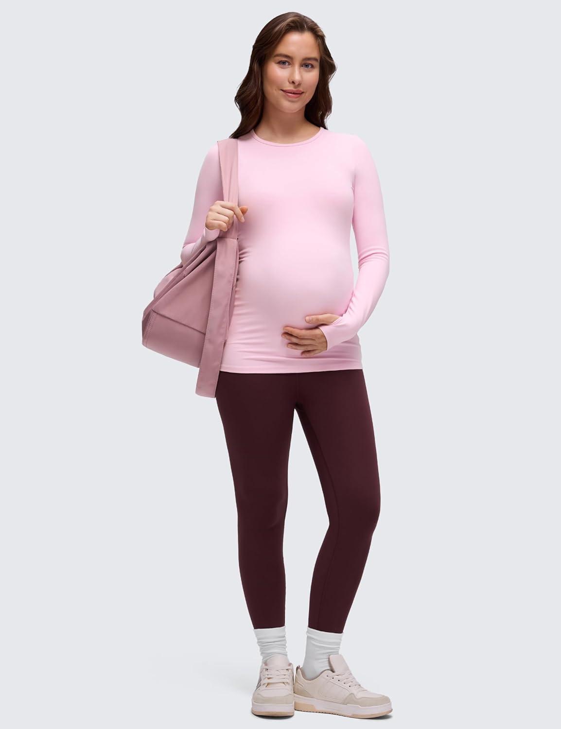 imageCRZ YOGA Butterluxe Maternity Crewneck Long Sleeve Shirts Athletic Yoga Casual Pregnancy Womens Tee Tops Basic Layer SoftPink Peony