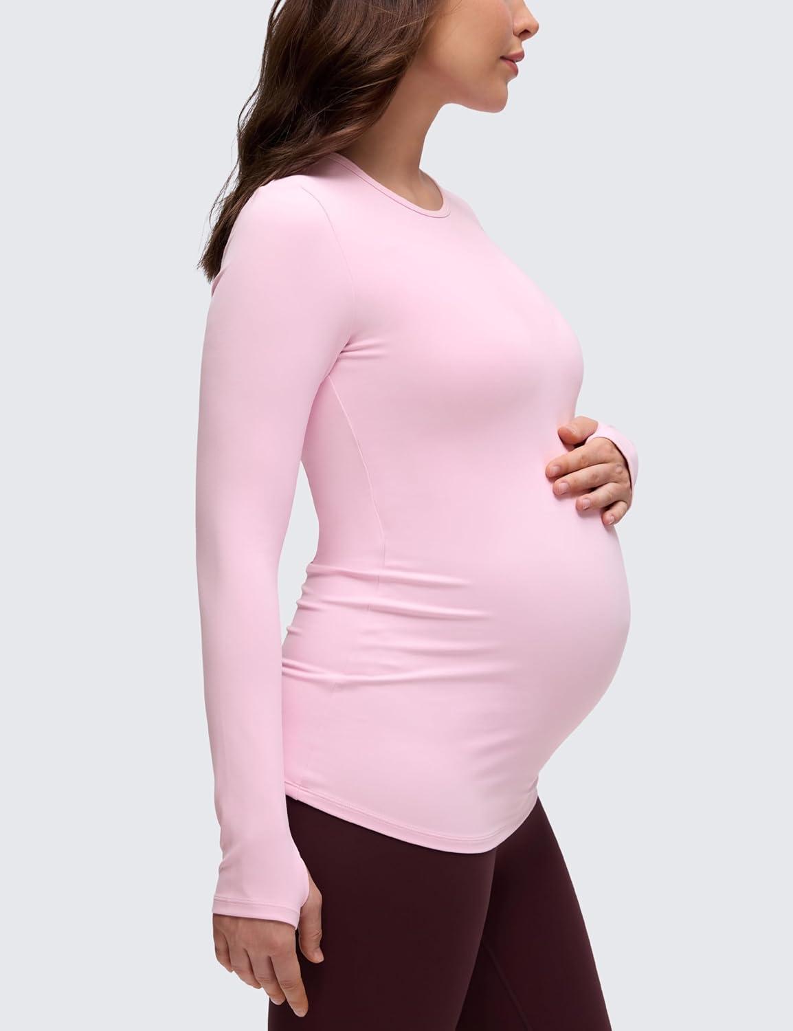 imageCRZ YOGA Butterluxe Maternity Crewneck Long Sleeve Shirts Athletic Yoga Casual Pregnancy Womens Tee Tops Basic Layer SoftPink Peony
