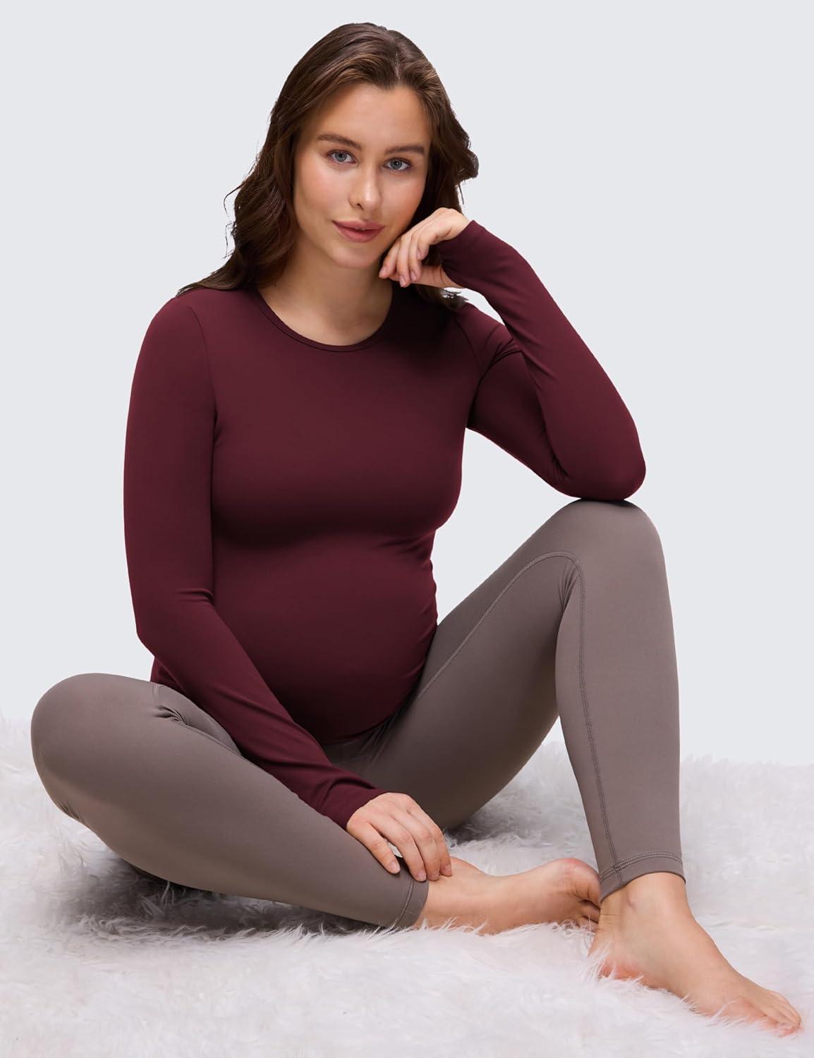 imageCRZ YOGA Butterluxe Maternity Crewneck Long Sleeve Shirts Athletic Yoga Casual Pregnancy Womens Tee Tops Basic Layer SoftRed Merlot