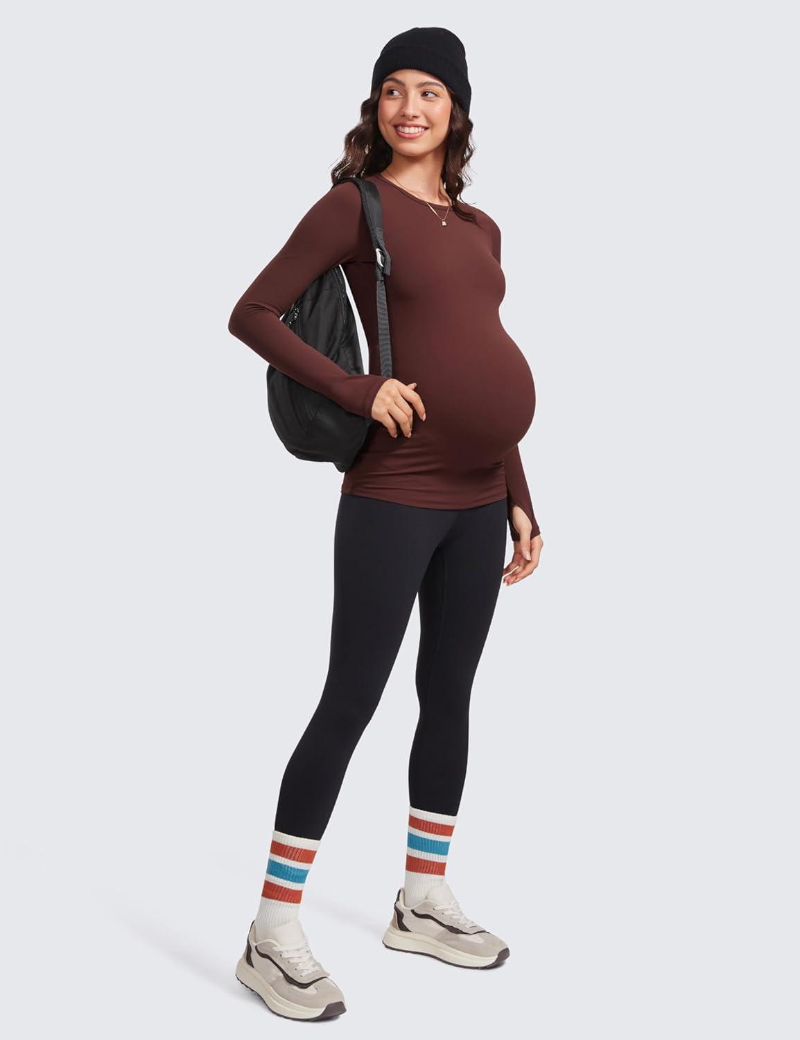 imageCRZ YOGA Butterluxe Maternity Crewneck Long Sleeve Shirts Athletic Yoga Casual Pregnancy Womens Tee Tops Basic Layer SoftTaupe