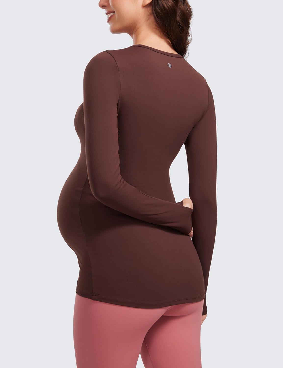 imageCRZ YOGA Butterluxe Maternity Crewneck Long Sleeve Shirts Athletic Yoga Casual Pregnancy Womens Tee Tops Basic Layer SoftTaupe