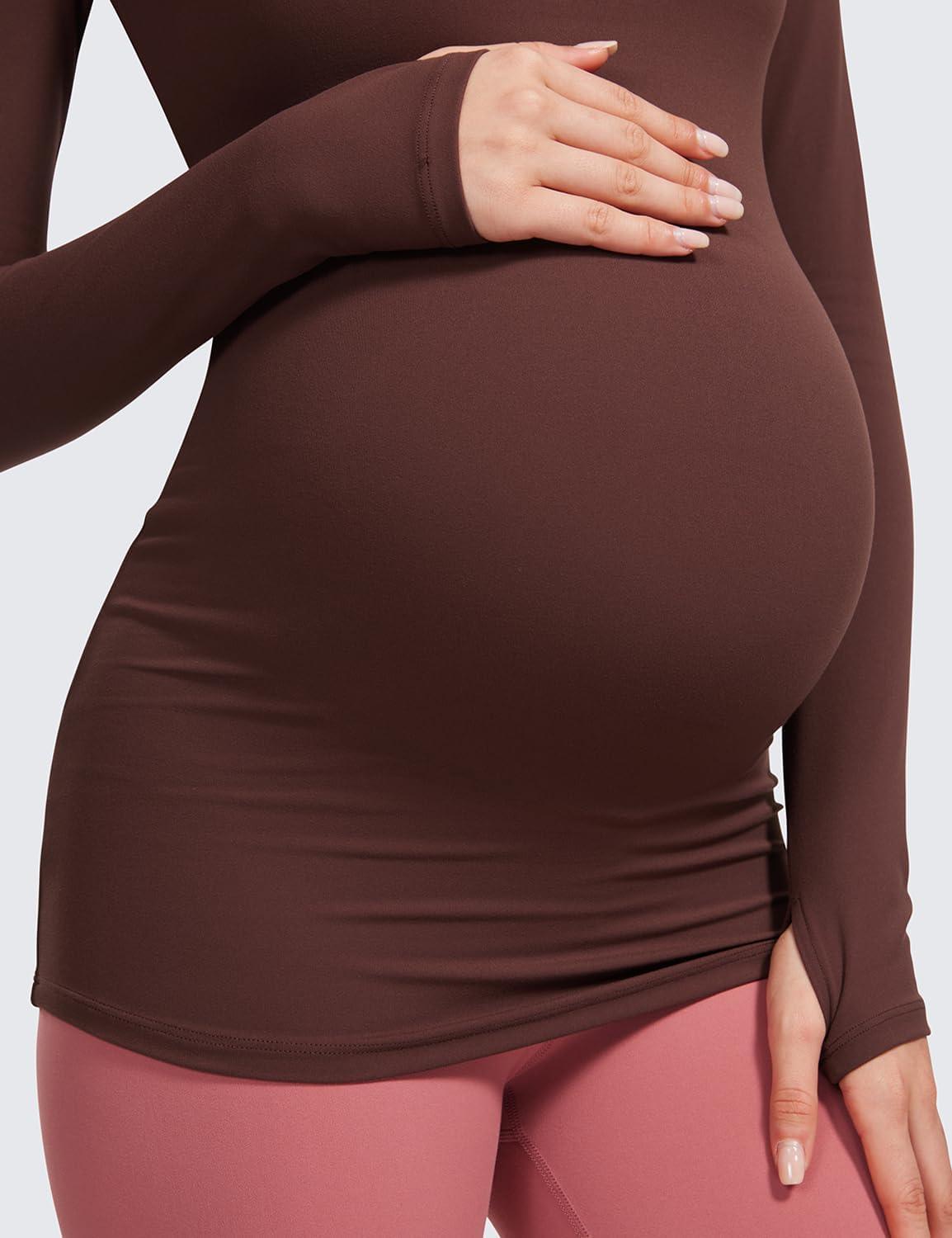 imageCRZ YOGA Butterluxe Maternity Crewneck Long Sleeve Shirts Athletic Yoga Casual Pregnancy Womens Tee Tops Basic Layer SoftTaupe