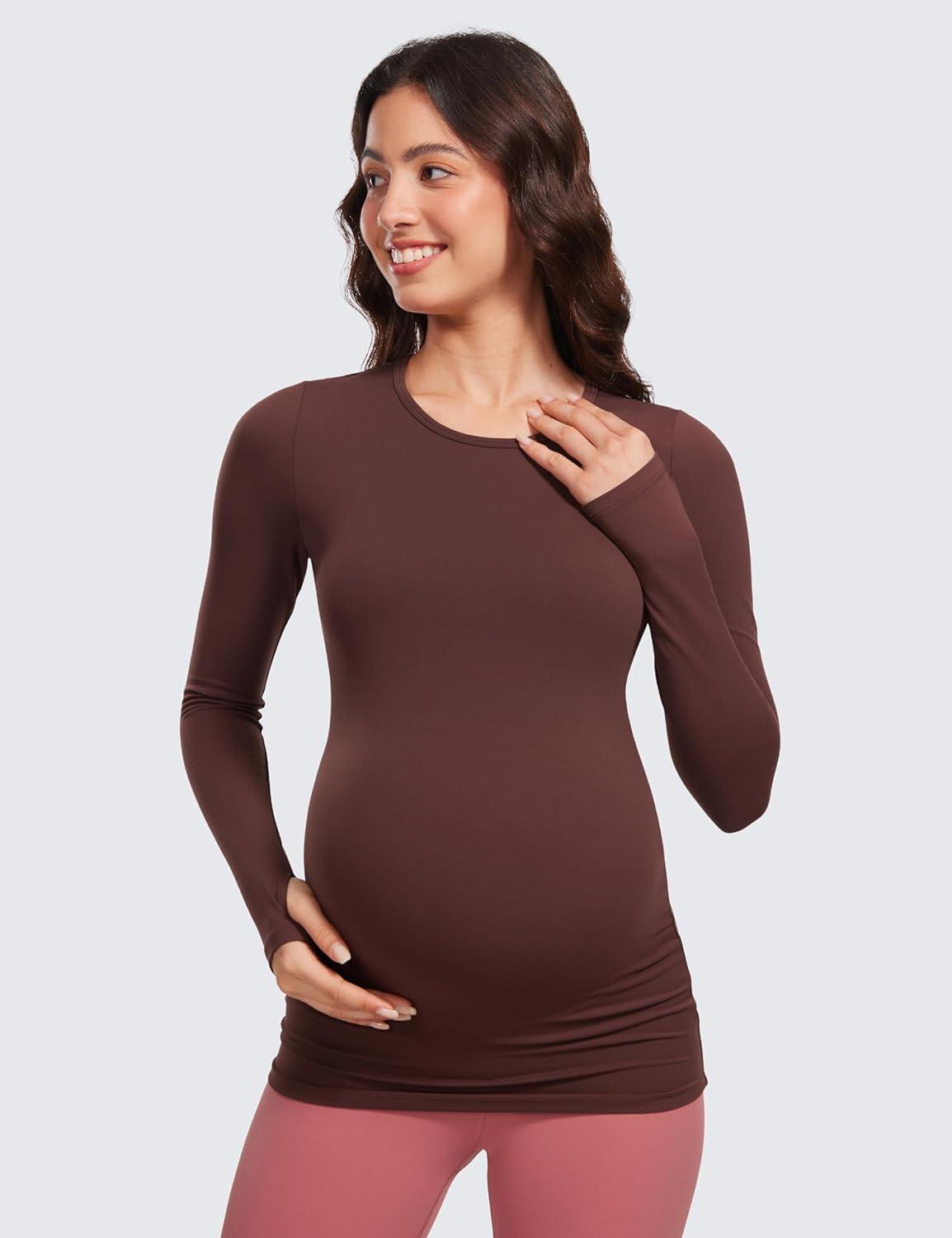 imageCRZ YOGA Butterluxe Maternity Crewneck Long Sleeve Shirts Athletic Yoga Casual Pregnancy Womens Tee Tops Basic Layer SoftTaupe