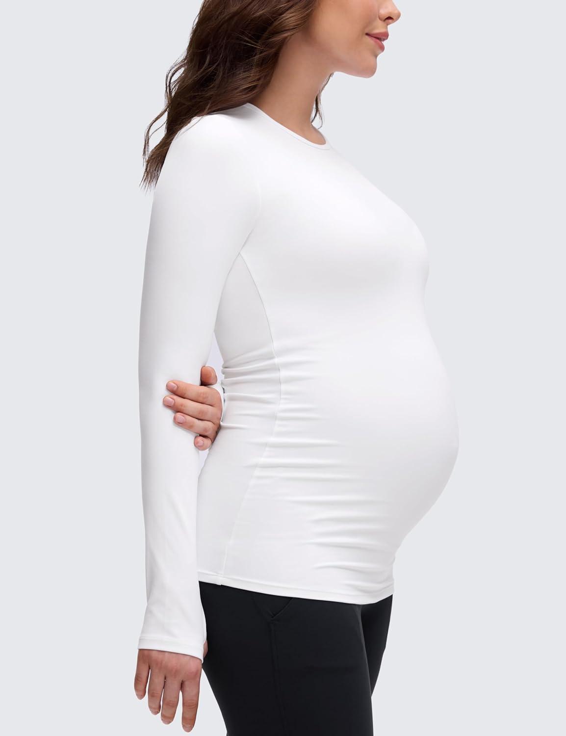 imageCRZ YOGA Butterluxe Maternity Crewneck Long Sleeve Shirts Athletic Yoga Casual Pregnancy Womens Tee Tops Basic Layer SoftWhite