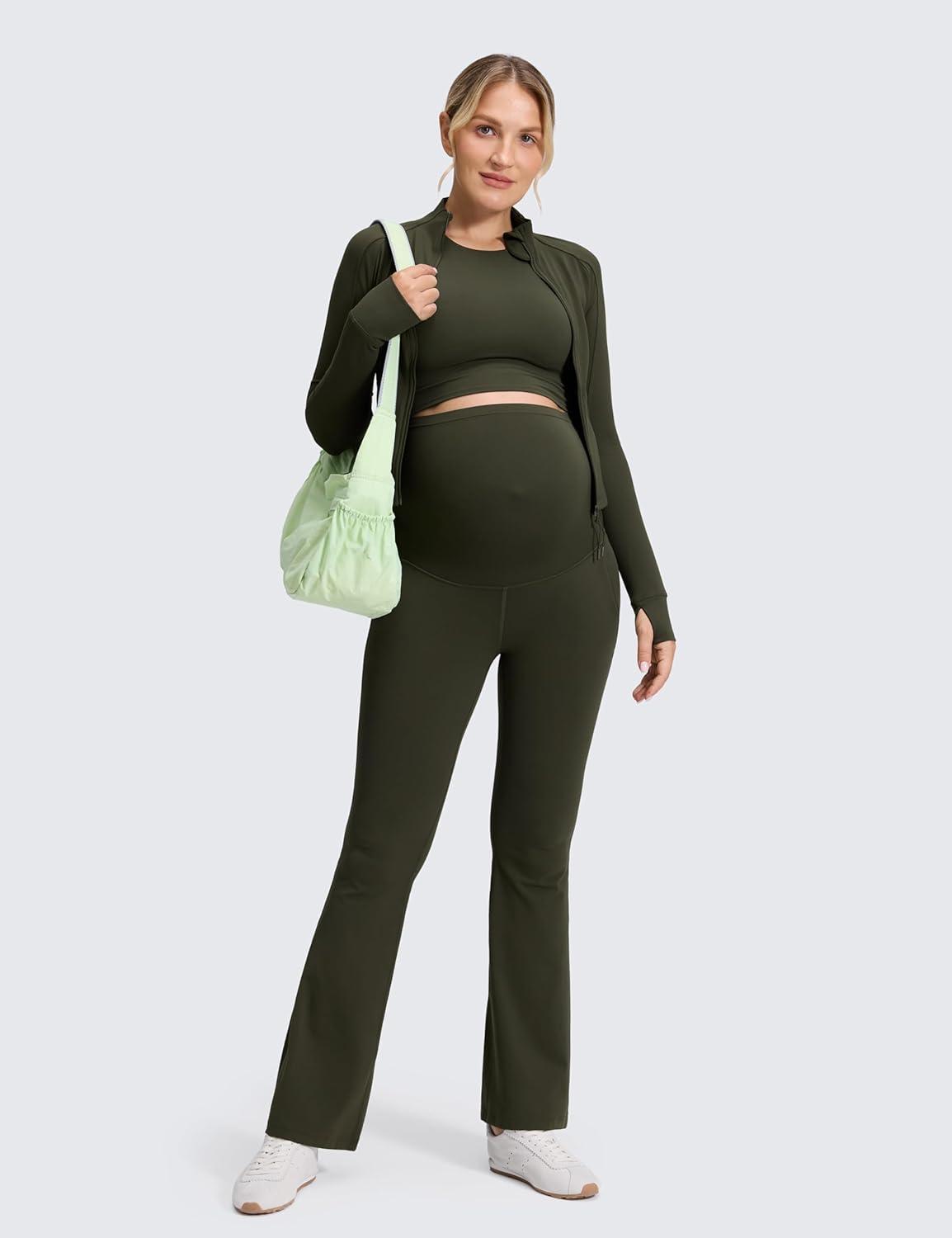 imageCRZ YOGA Butterluxe Maternity Flare Leggings Pockets 31 Workout Yoga Bootcut Pregnancy Womens Pants Over The BellyOlive Green