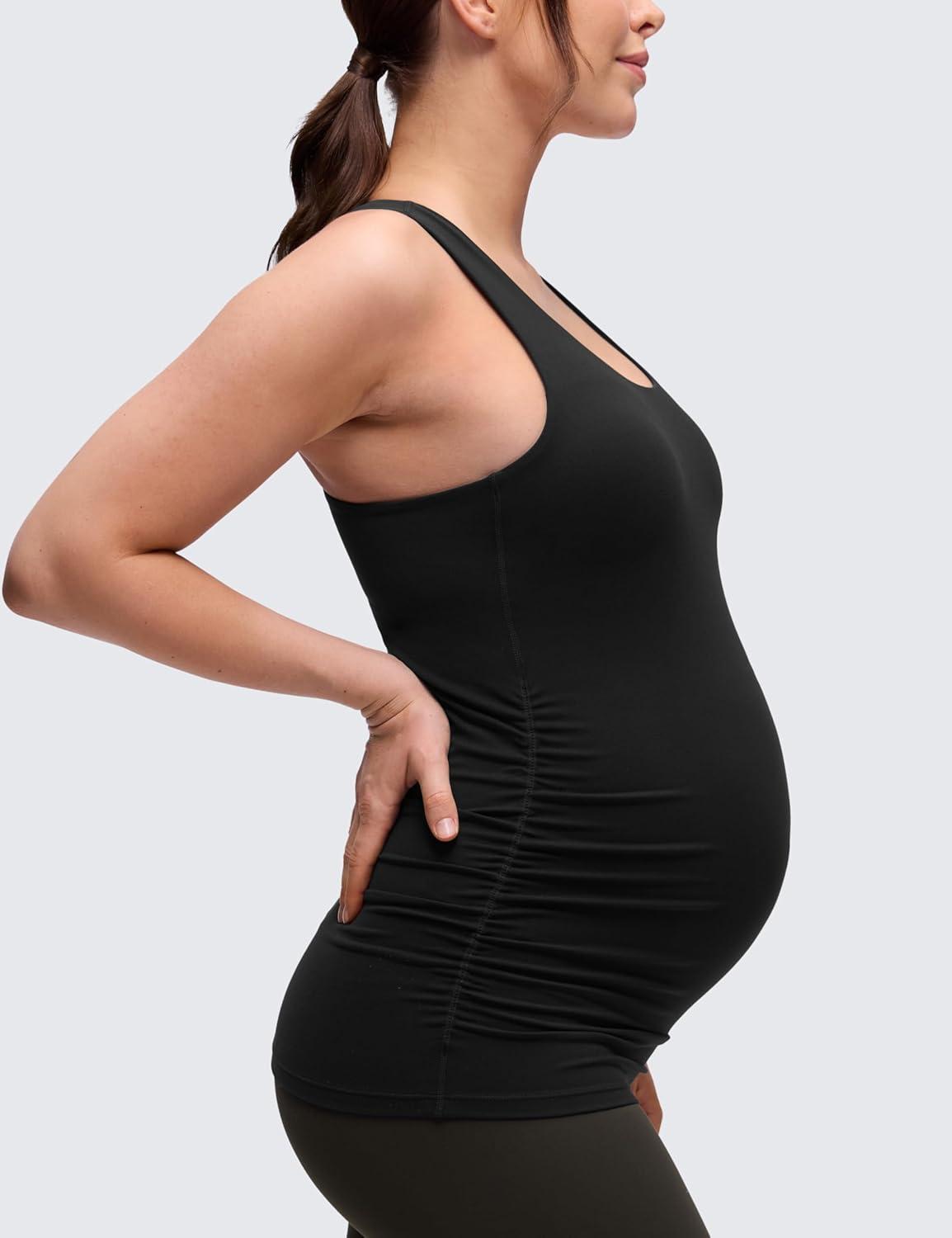imageCRZ YOGA Butterluxe Maternity Racerback Tank Tops Ruched Sleeveless Womens Pregnancy Yoga Workout Shirt with Built in BraBlack