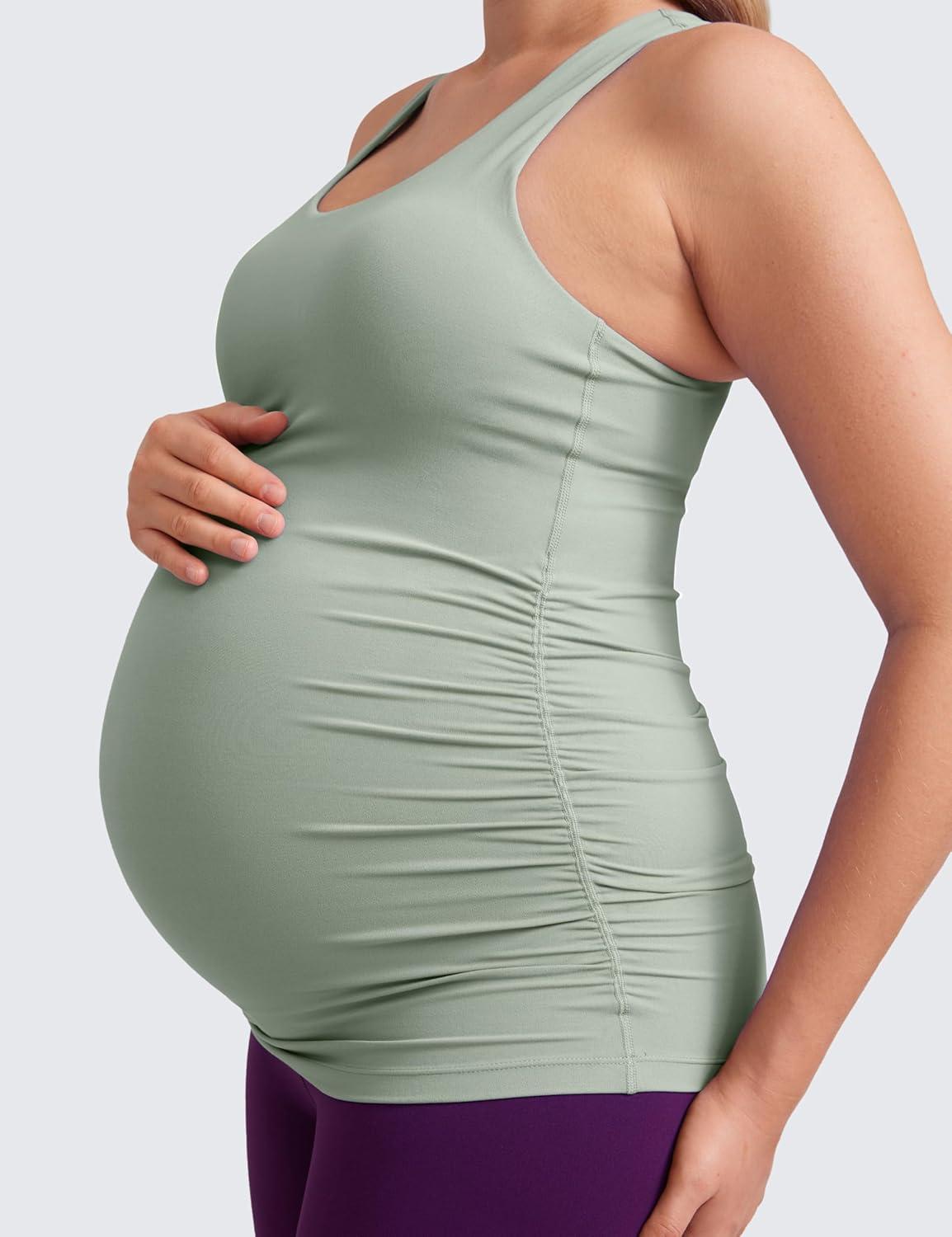 imageCRZ YOGA Butterluxe Maternity Racerback Tank Tops Ruched Sleeveless Womens Pregnancy Yoga Workout Shirt with Built in BraGreen Palm Court