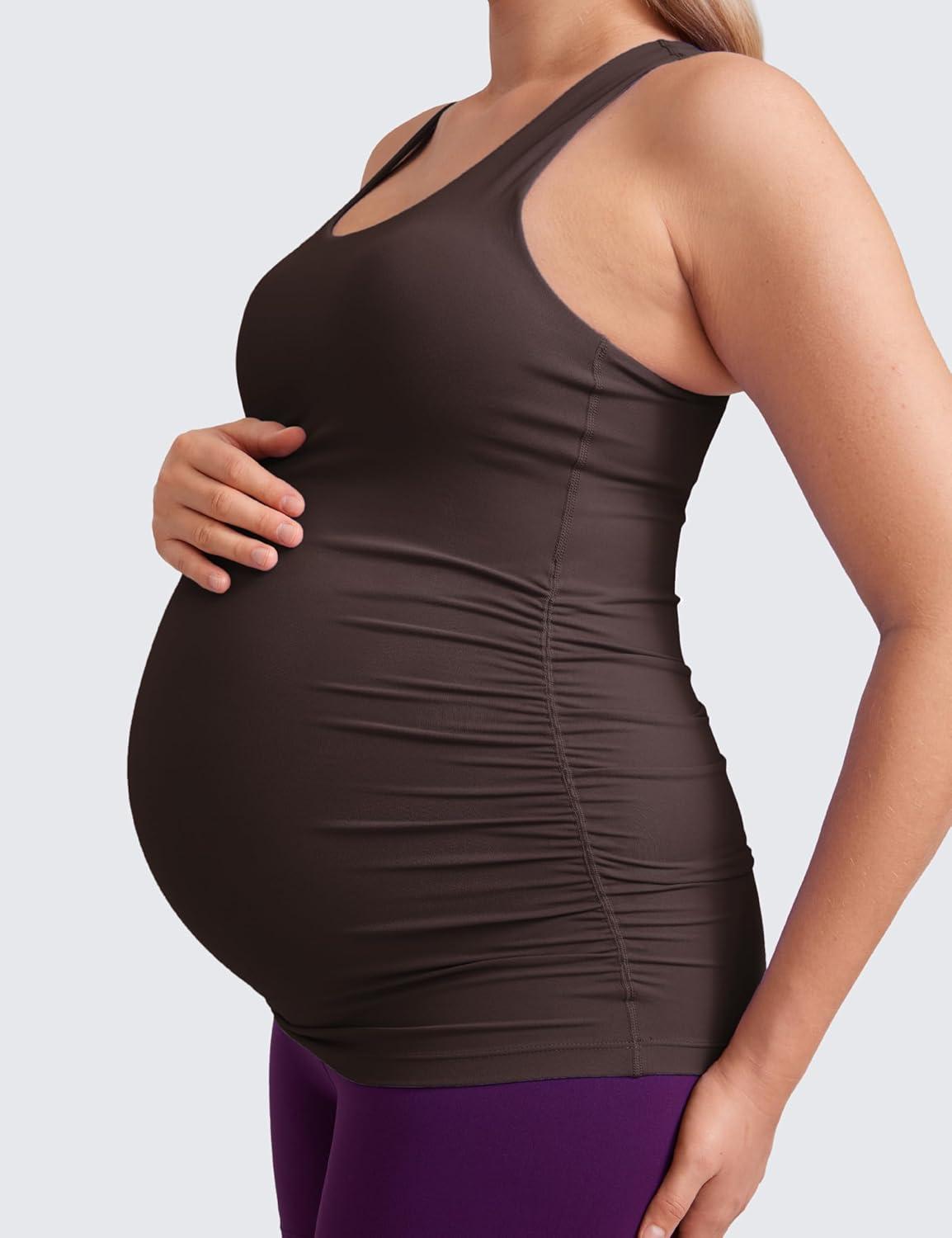 imageCRZ YOGA Butterluxe Maternity Racerback Tank Tops Ruched Sleeveless Womens Pregnancy Yoga Workout Shirt with Built in BraHot Fudge Brown