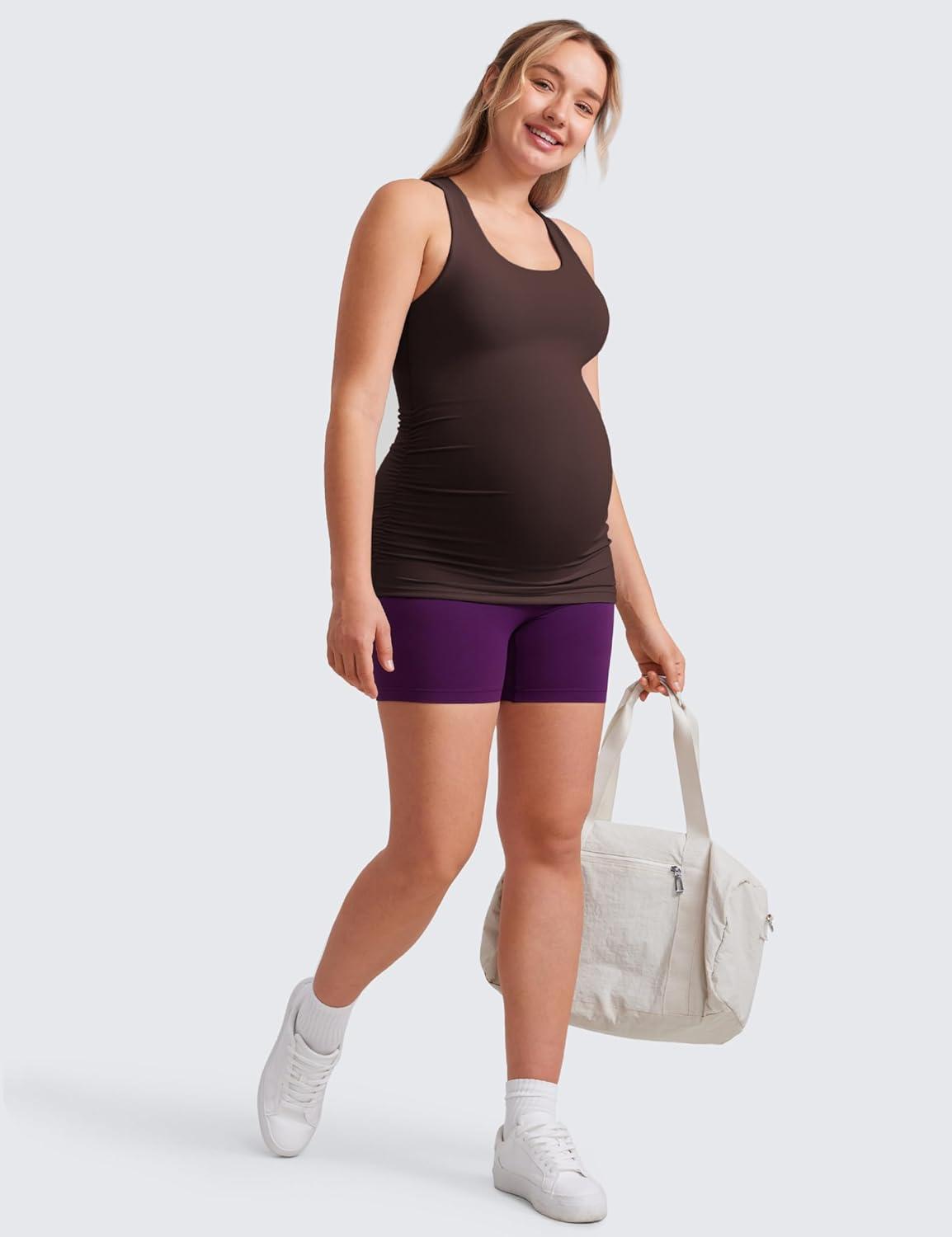 imageCRZ YOGA Butterluxe Maternity Racerback Tank Tops Ruched Sleeveless Womens Pregnancy Yoga Workout Shirt with Built in BraHot Fudge Brown