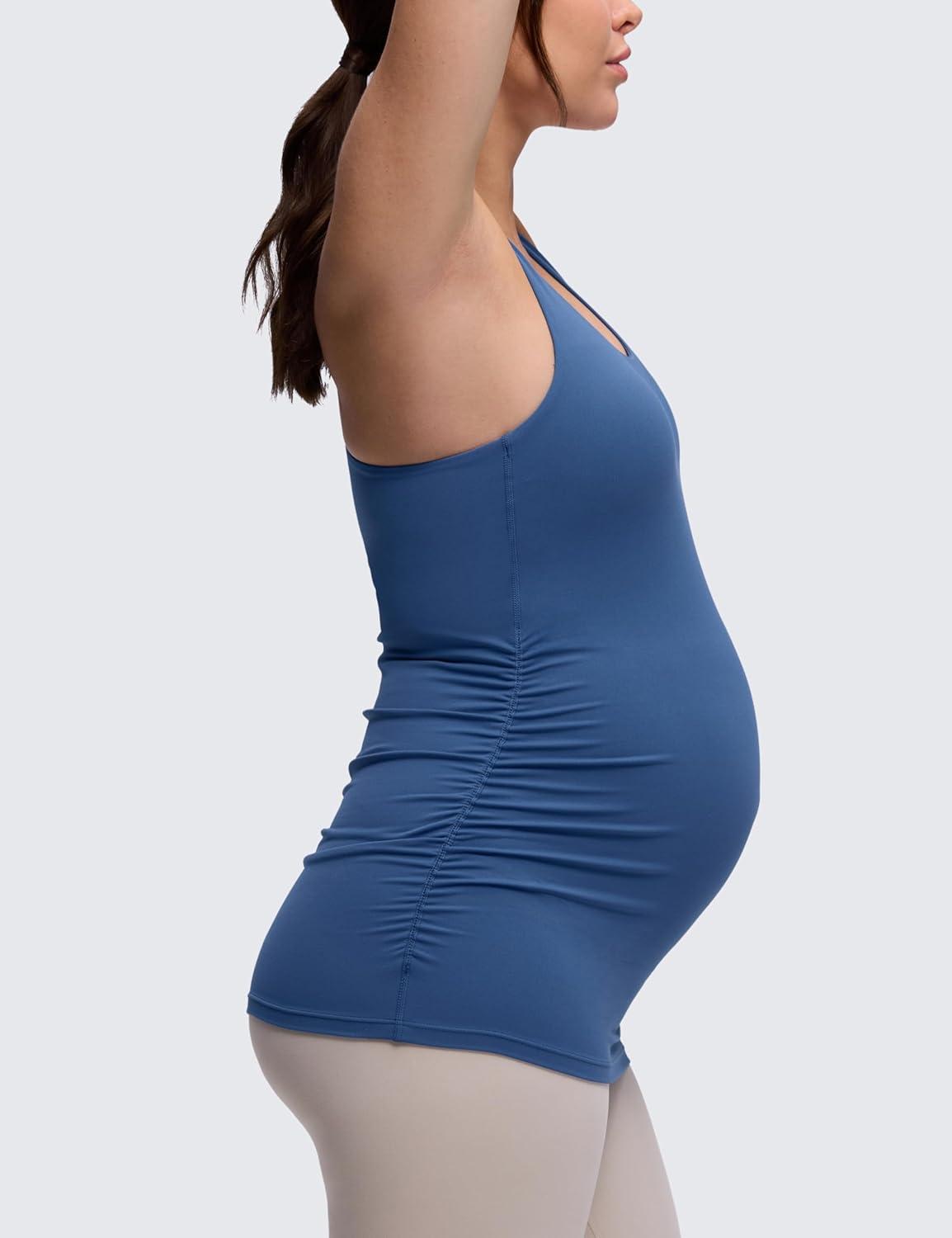 imageCRZ YOGA Butterluxe Maternity Racerback Tank Tops Ruched Sleeveless Womens Pregnancy Yoga Workout Shirt with Built in BraPitch Blue