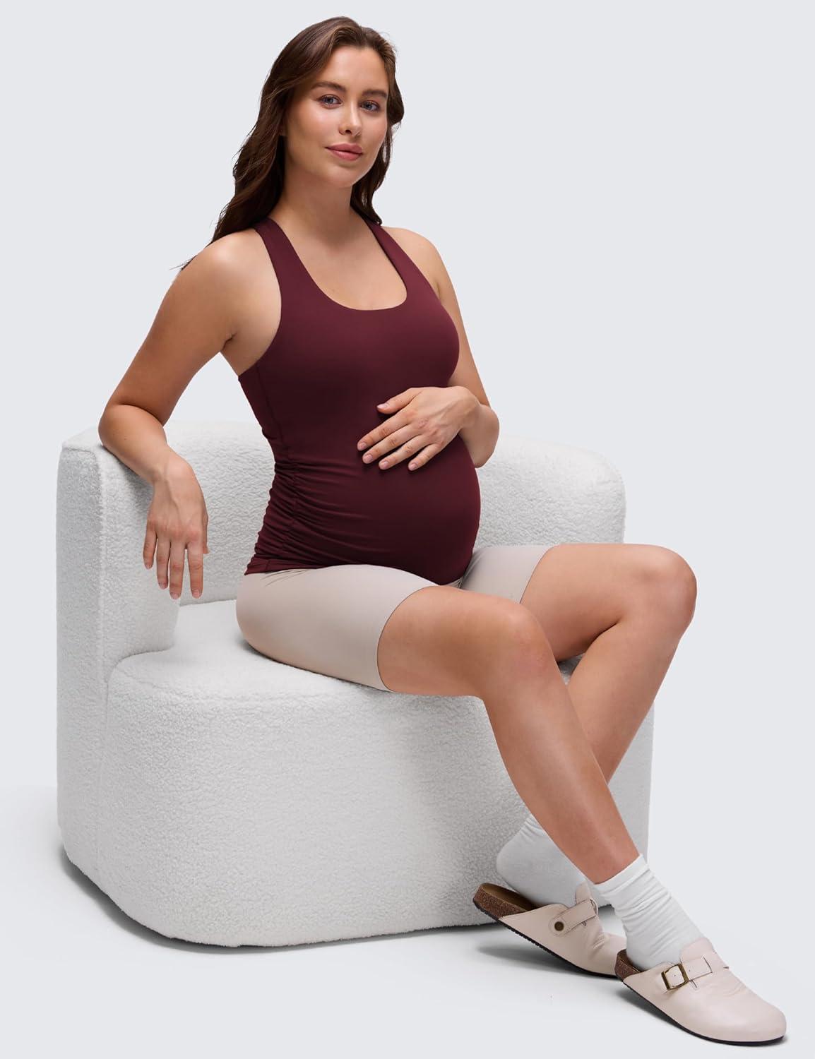 imageCRZ YOGA Butterluxe Maternity Racerback Tank Tops Ruched Sleeveless Womens Pregnancy Yoga Workout Shirt with Built in BraRed Merlot