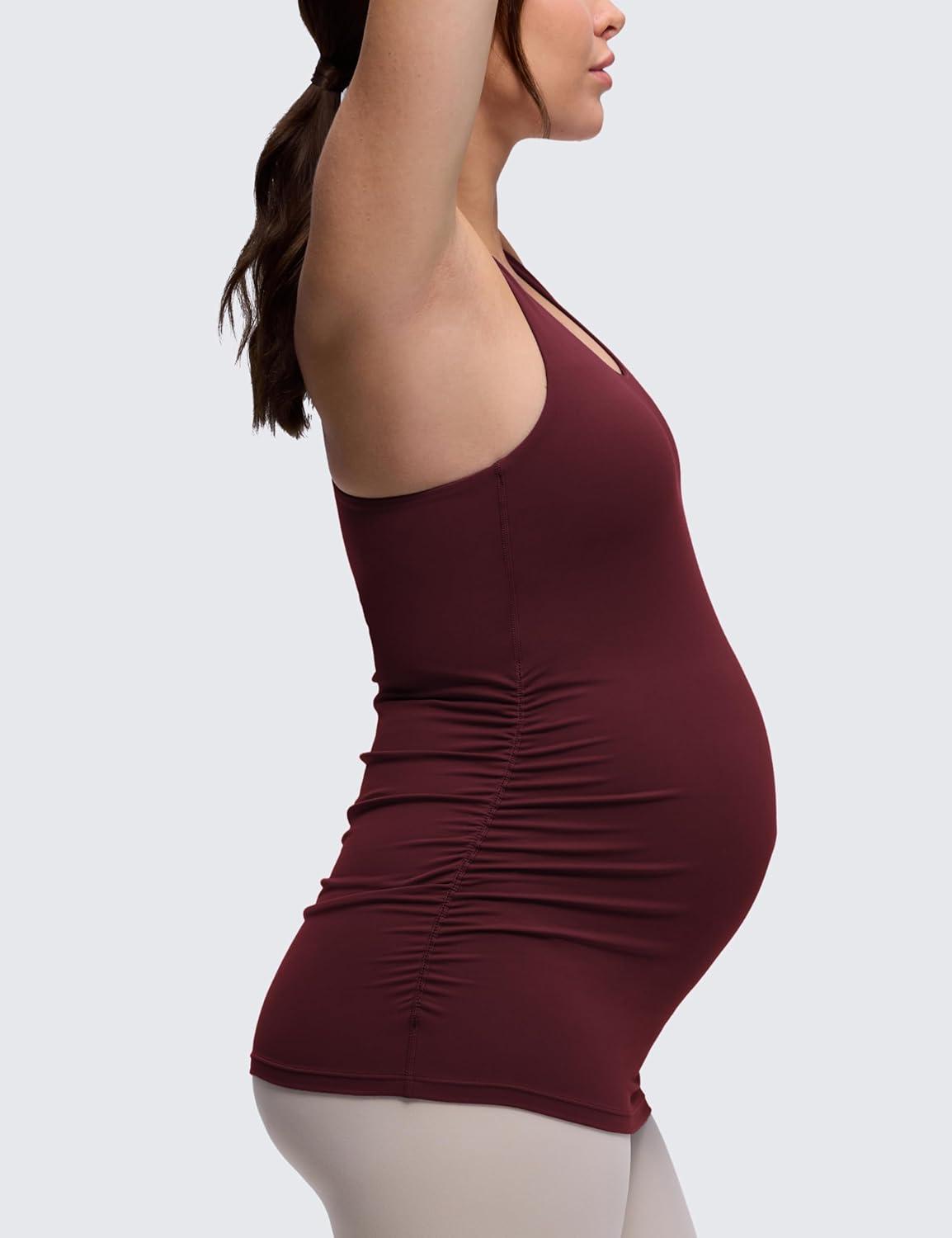 imageCRZ YOGA Butterluxe Maternity Racerback Tank Tops Ruched Sleeveless Womens Pregnancy Yoga Workout Shirt with Built in BraRed Merlot