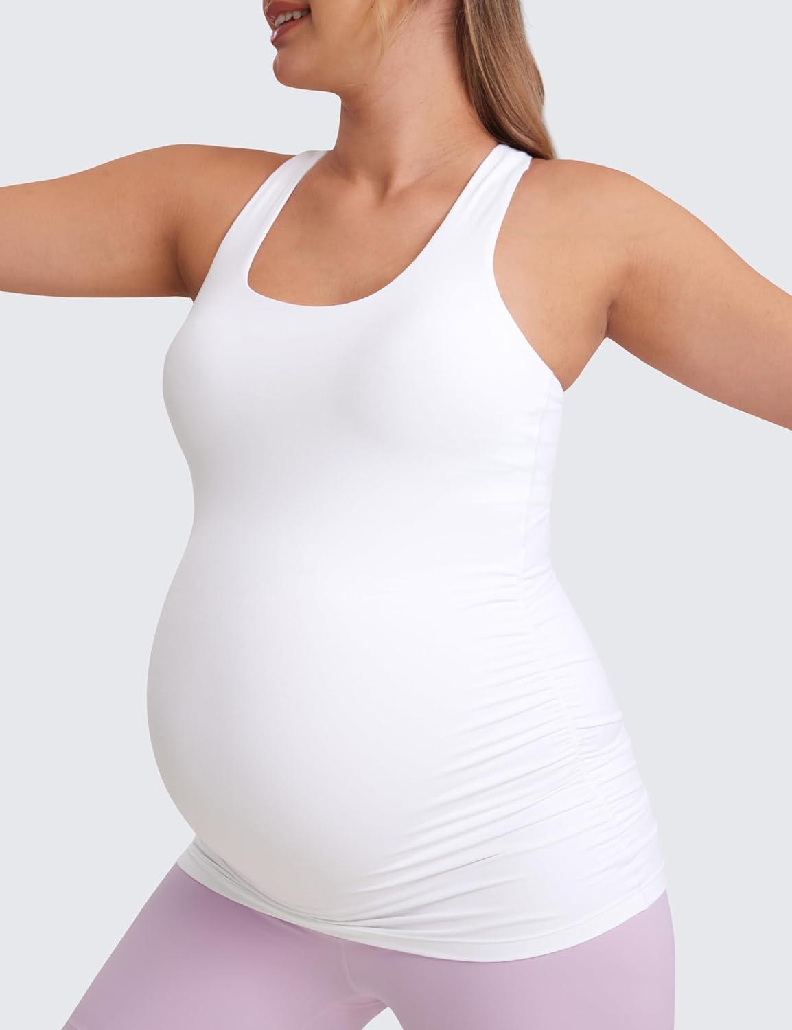 imageCRZ YOGA Butterluxe Maternity Racerback Tank Tops Ruched Sleeveless Womens Pregnancy Yoga Workout Shirt with Built in BraWhite
