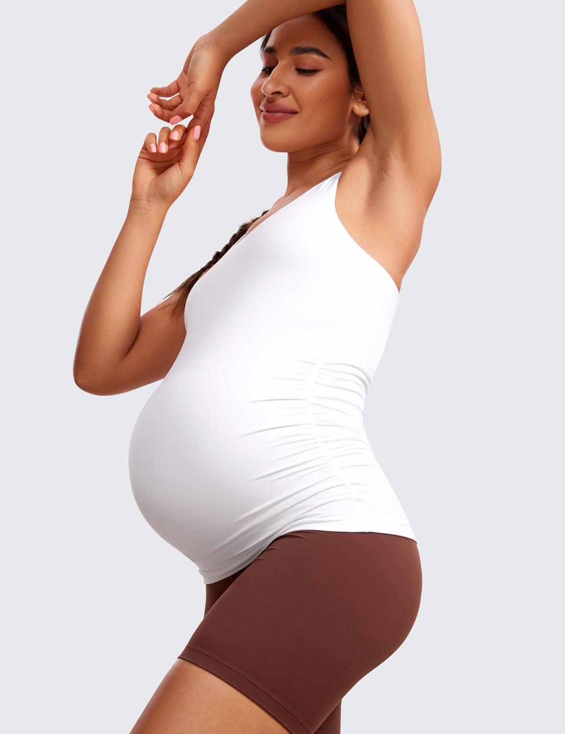 imageCRZ YOGA Butterluxe Maternity Racerback Tank Tops Ruched Sleeveless Womens Pregnancy Yoga Workout Shirt with Built in BraWhite