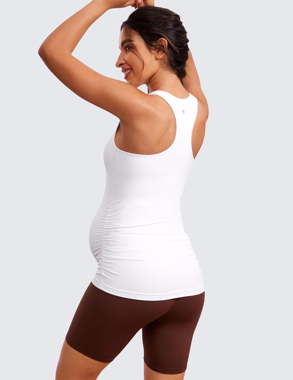 imageCRZ YOGA Butterluxe Maternity Racerback Tank Tops Ruched Sleeveless Womens Pregnancy Yoga Workout Shirt with Built in BraWhite