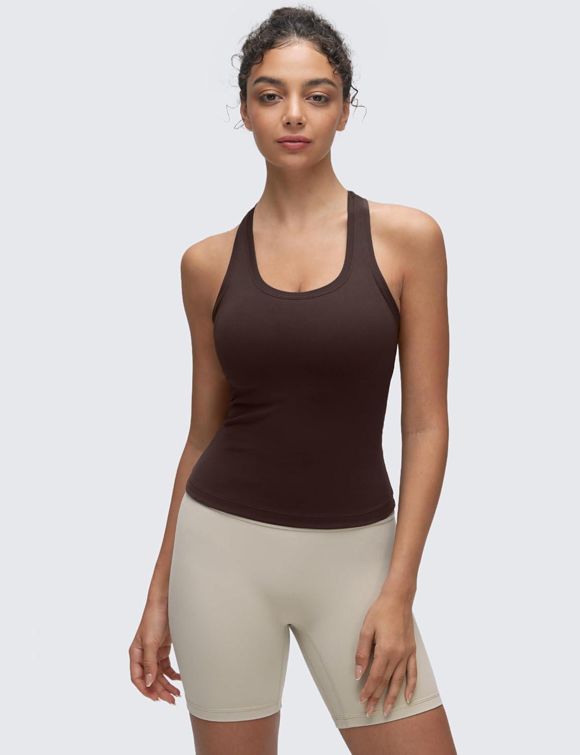 imageCRZ YOGA Butterluxe Racerback Tank Tops for Women Yoga Workout Casual Gym Athletic Camisole Tight Sleeveless ShirtsHot Fudge Brown