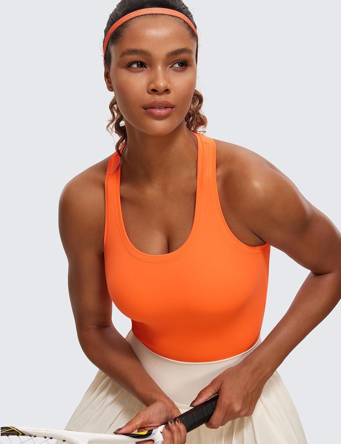 imageCRZ YOGA Butterluxe Racerback Tank Tops for Women Yoga Workout Casual Gym Athletic Camisole Tight Sleeveless ShirtsNeon Orange