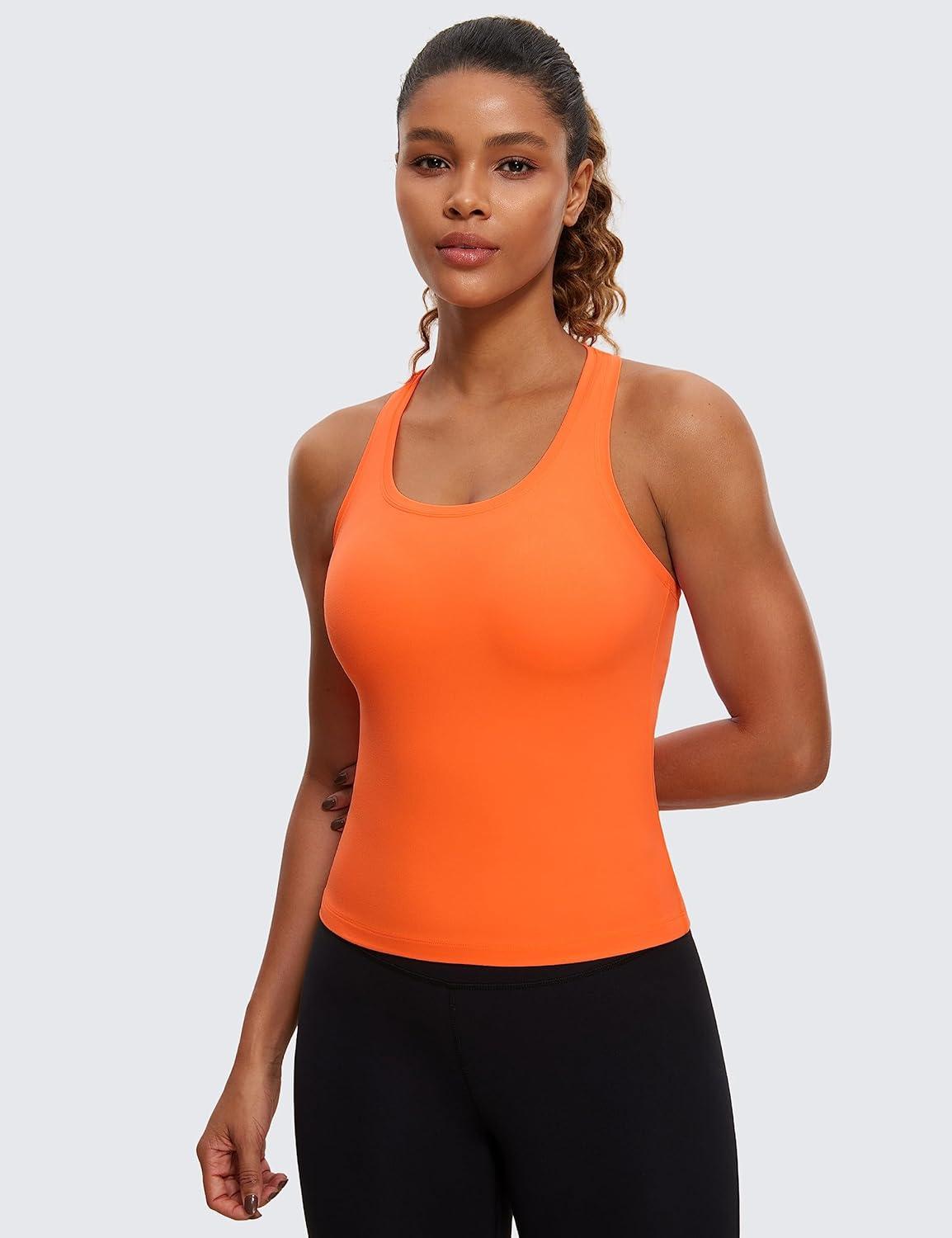 imageCRZ YOGA Butterluxe Racerback Tank Tops for Women Yoga Workout Casual Gym Athletic Camisole Tight Sleeveless ShirtsNeon Orange
