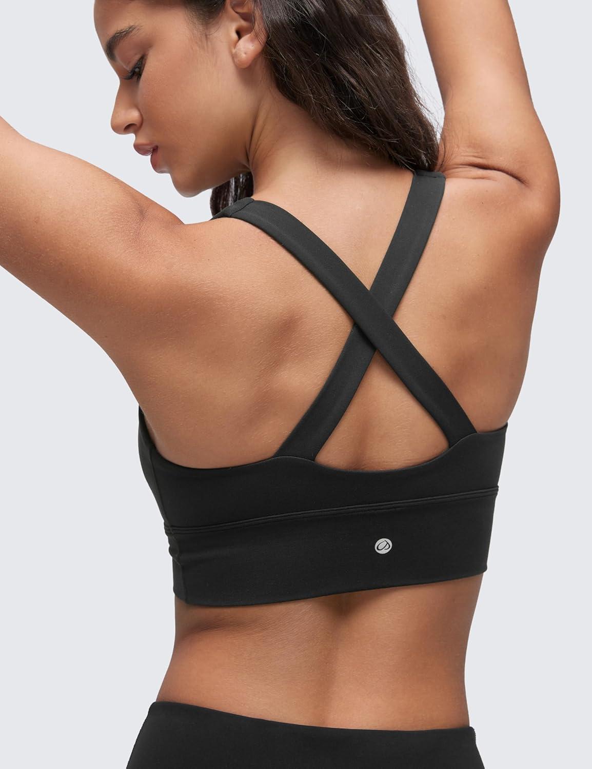 imageCRZ YOGA Butterluxe Ruched Longline Sports Bras for Women V Neck Padded Yoga Tank Wide Straps Cross Back Crop TopsBlack