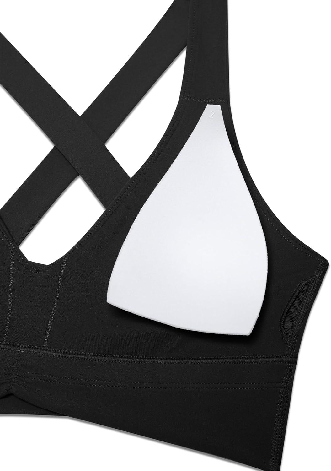 imageCRZ YOGA Butterluxe Ruched Longline Sports Bras for Women V Neck Padded Yoga Tank Wide Straps Cross Back Crop TopsBlack