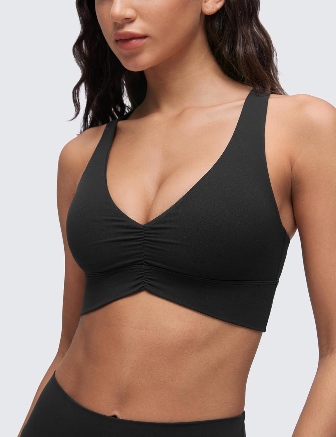 imageCRZ YOGA Butterluxe Ruched Longline Sports Bras for Women V Neck Padded Yoga Tank Wide Straps Cross Back Crop TopsBlack