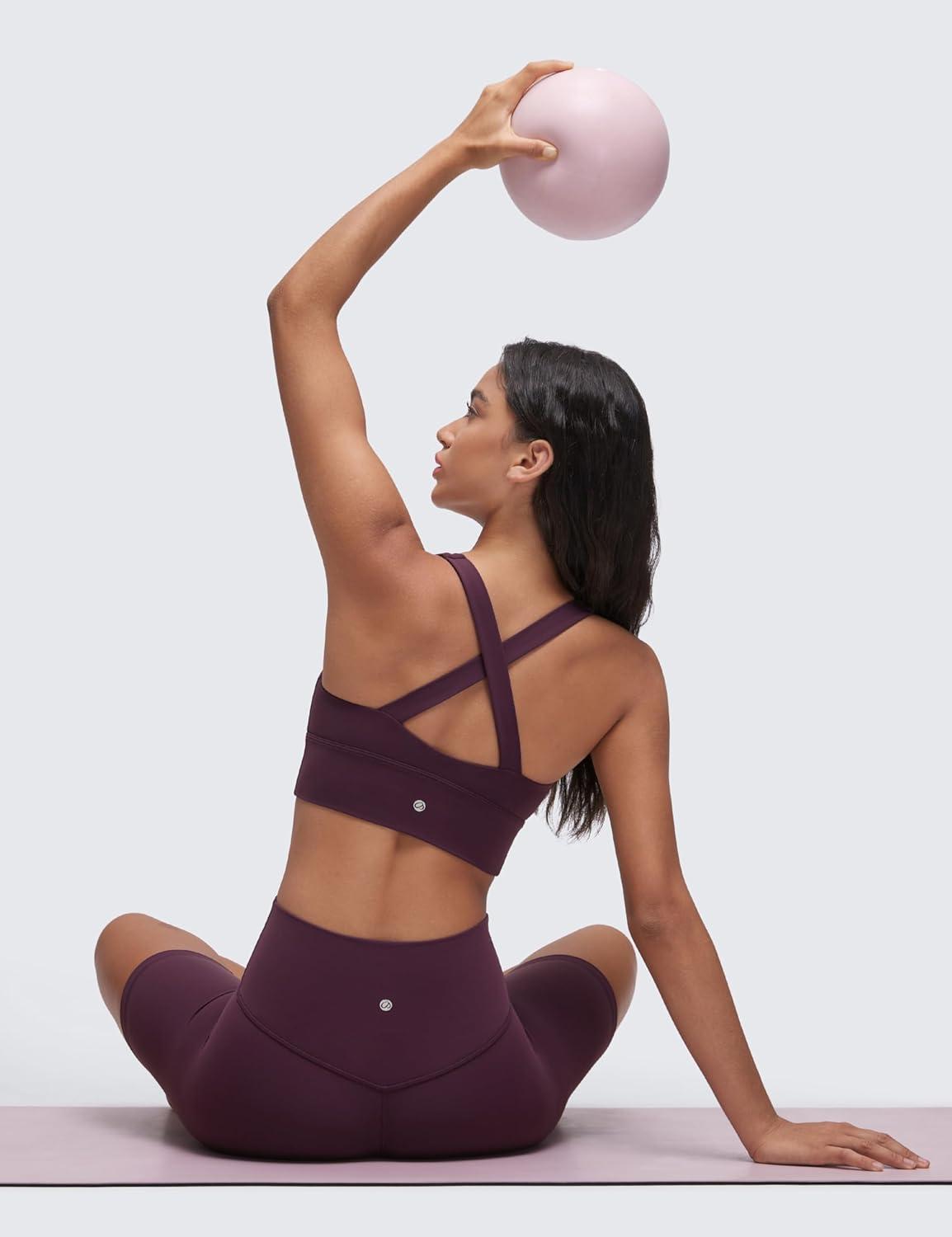 imageCRZ YOGA Butterluxe Ruched Longline Sports Bras for Women V Neck Padded Yoga Tank Wide Straps Cross Back Crop TopsDeep Purple