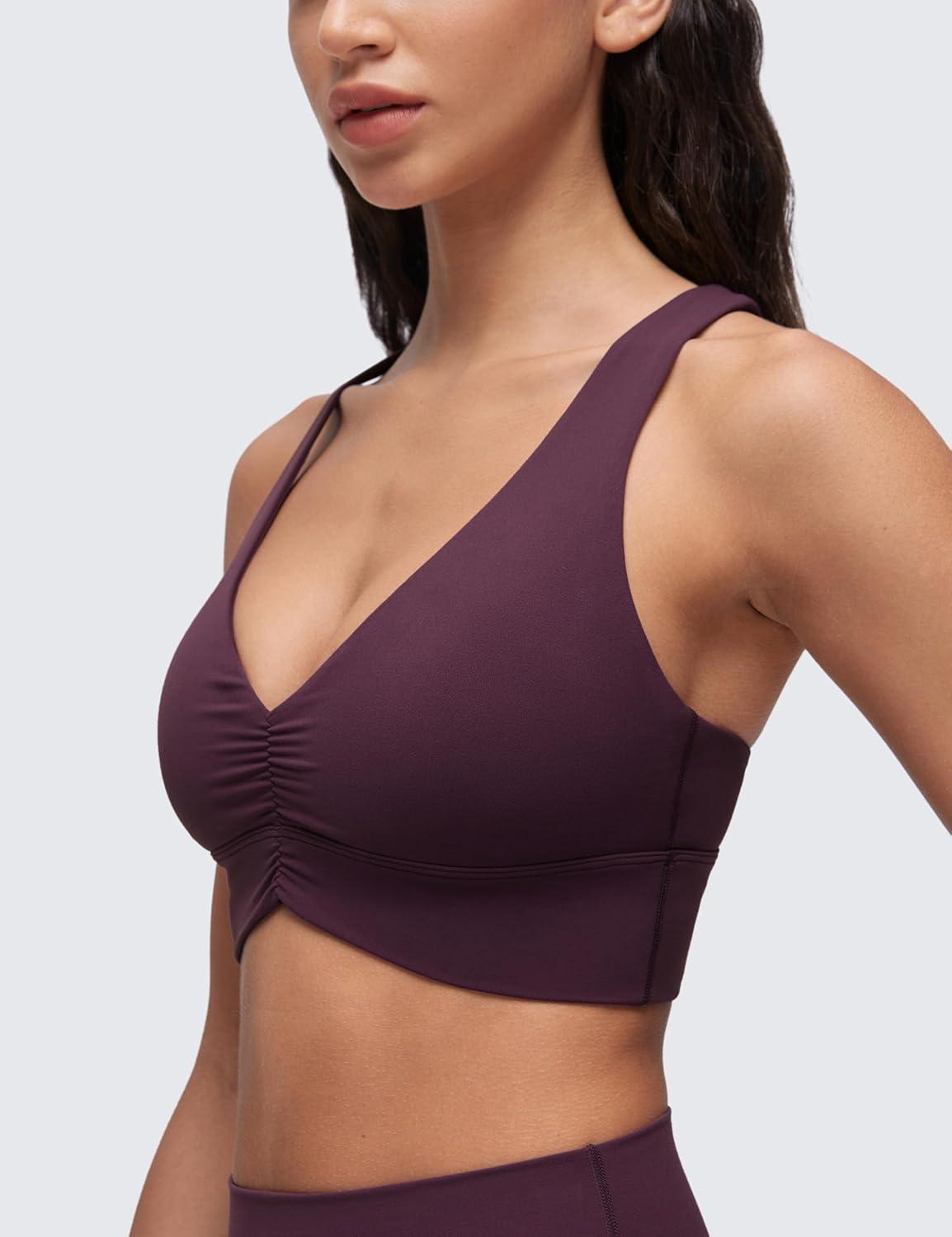 imageCRZ YOGA Butterluxe Ruched Longline Sports Bras for Women V Neck Padded Yoga Tank Wide Straps Cross Back Crop TopsDeep Purple