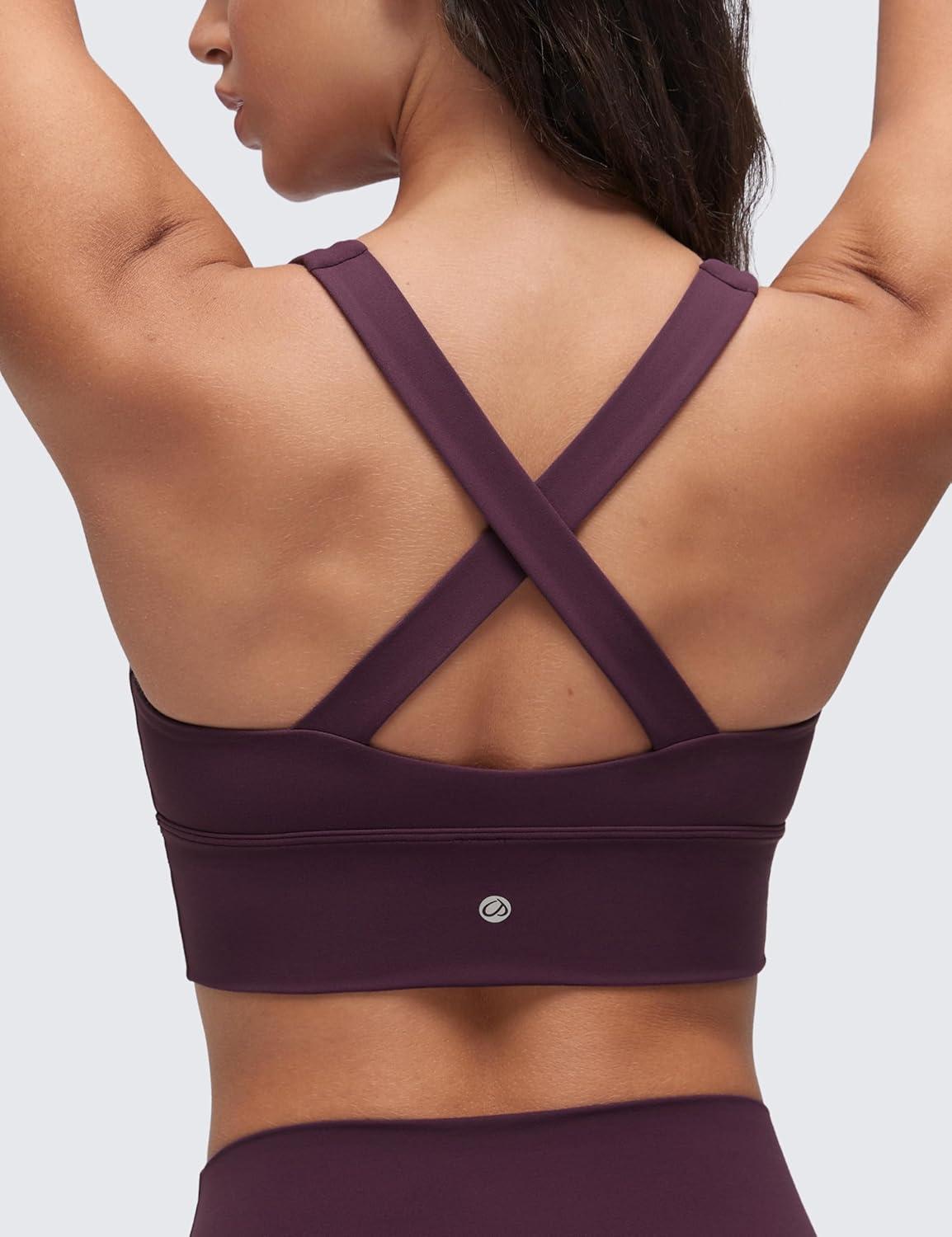 imageCRZ YOGA Butterluxe Ruched Longline Sports Bras for Women V Neck Padded Yoga Tank Wide Straps Cross Back Crop TopsDeep Purple