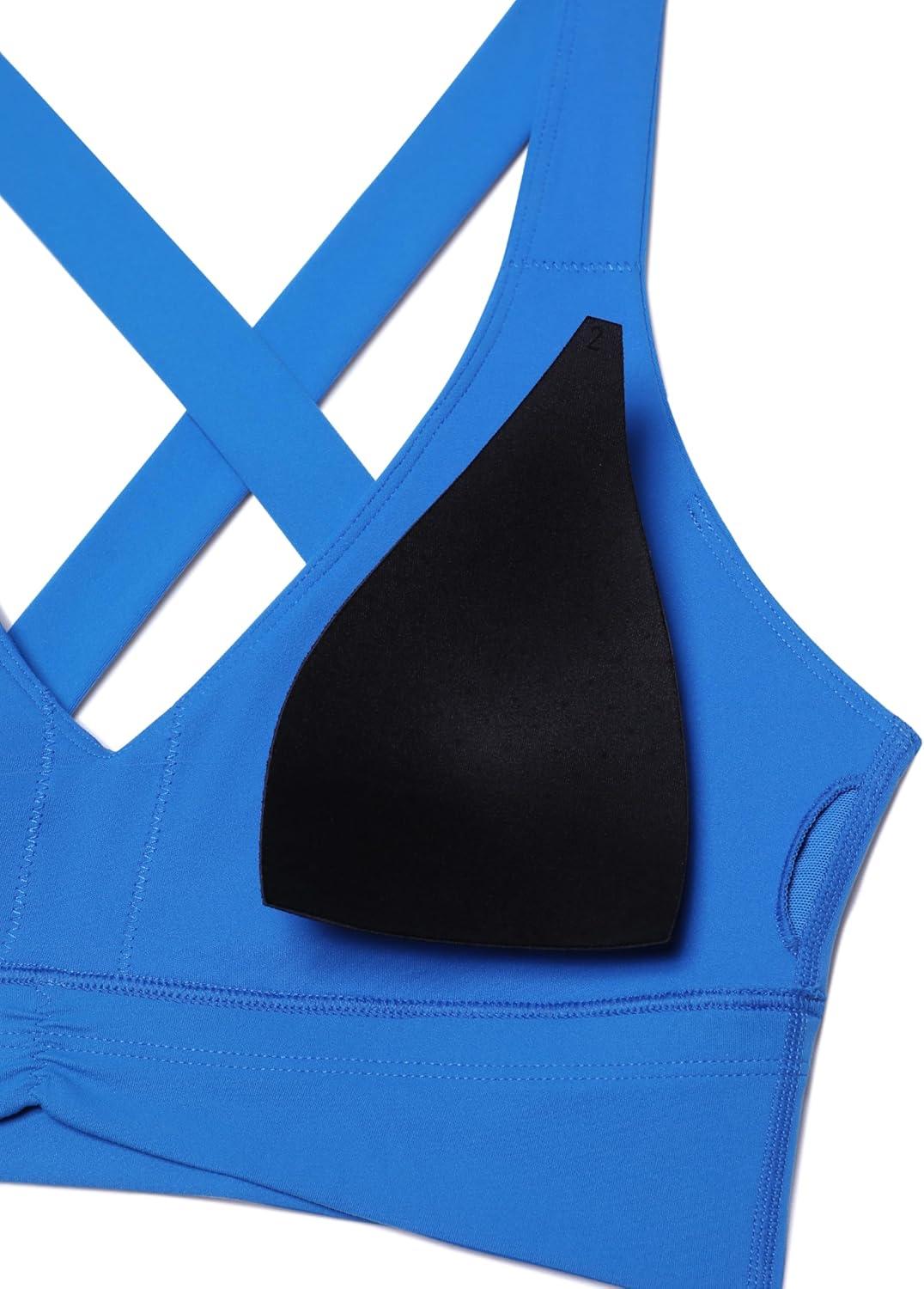 imageCRZ YOGA Butterluxe Ruched Longline Sports Bras for Women V Neck Padded Yoga Tank Wide Straps Cross Back Crop TopsSparkle Blue