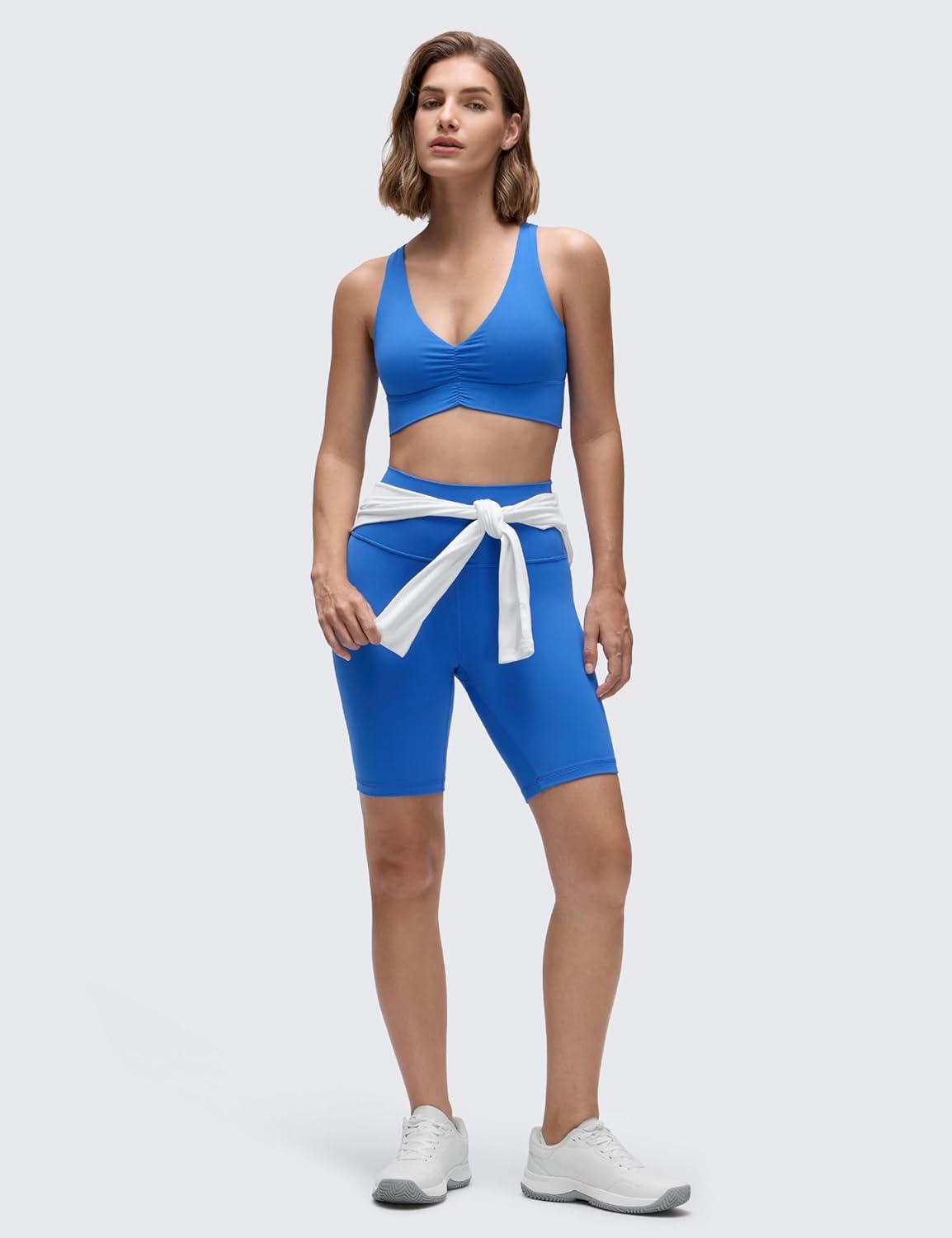 imageCRZ YOGA Butterluxe Ruched Longline Sports Bras for Women V Neck Padded Yoga Tank Wide Straps Cross Back Crop TopsSparkle Blue