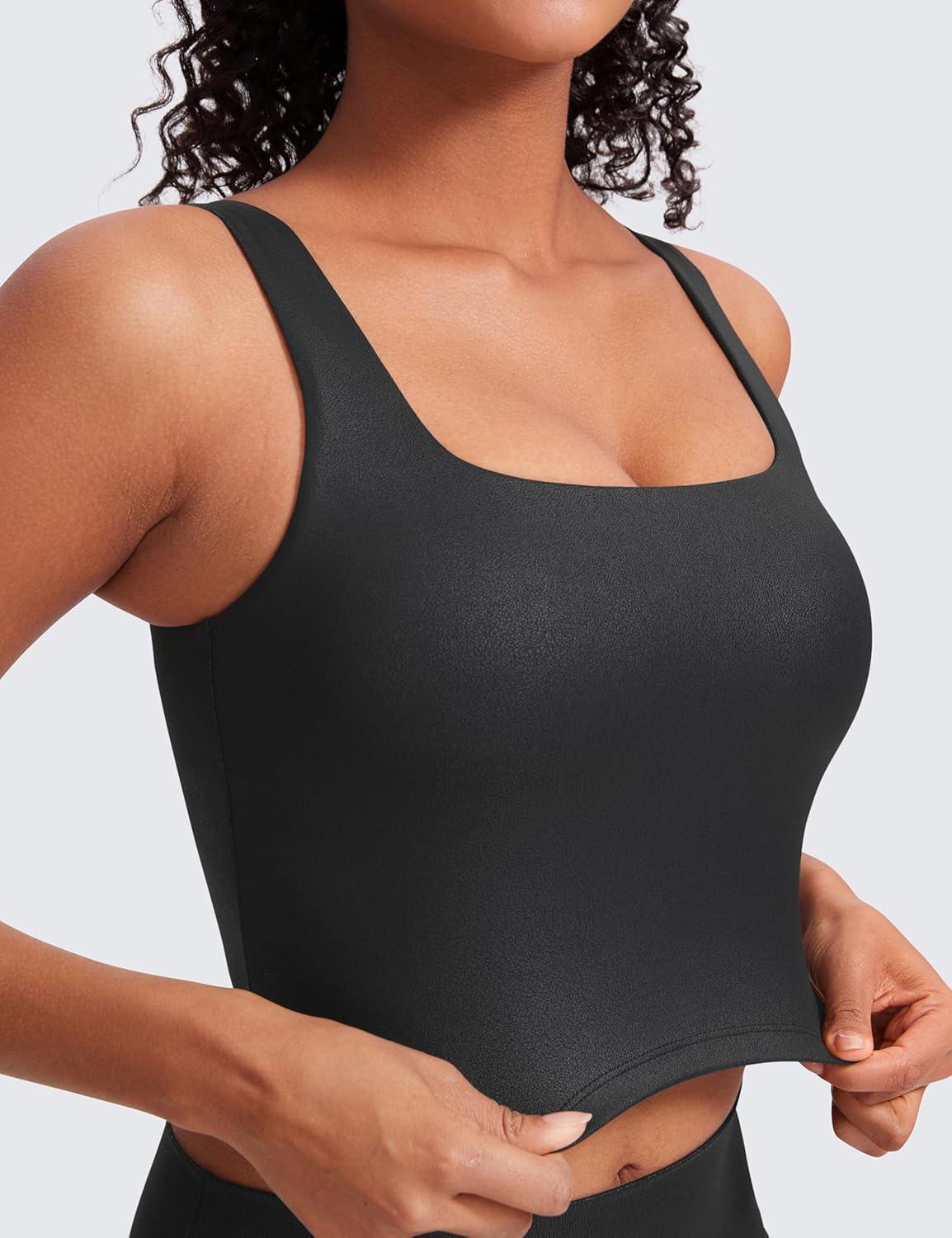 imageCRZ YOGA Butterluxe Square Neck Crop Tank Tops for Women Workout Longline Sports Bras Padded Yoga CamisoleBlack Foil Pattern