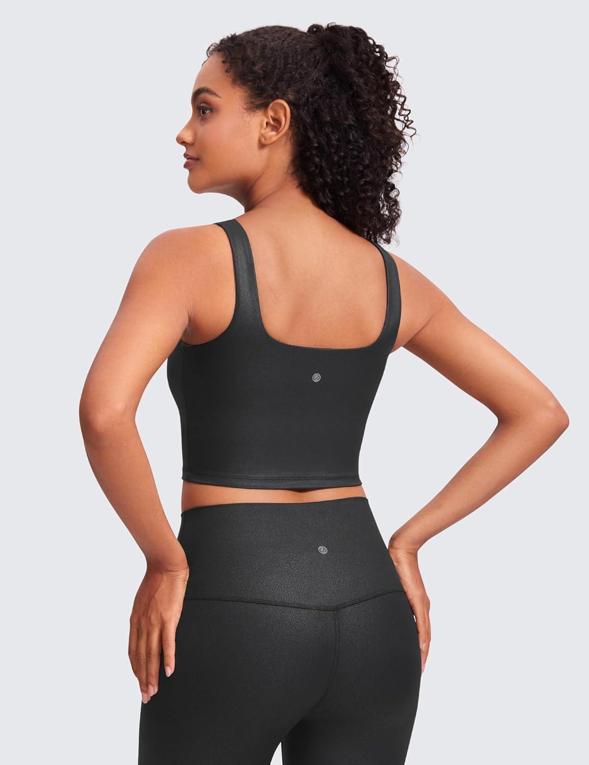 imageCRZ YOGA Butterluxe Square Neck Crop Tank Tops for Women Workout Longline Sports Bras Padded Yoga CamisoleBlack Foil Pattern