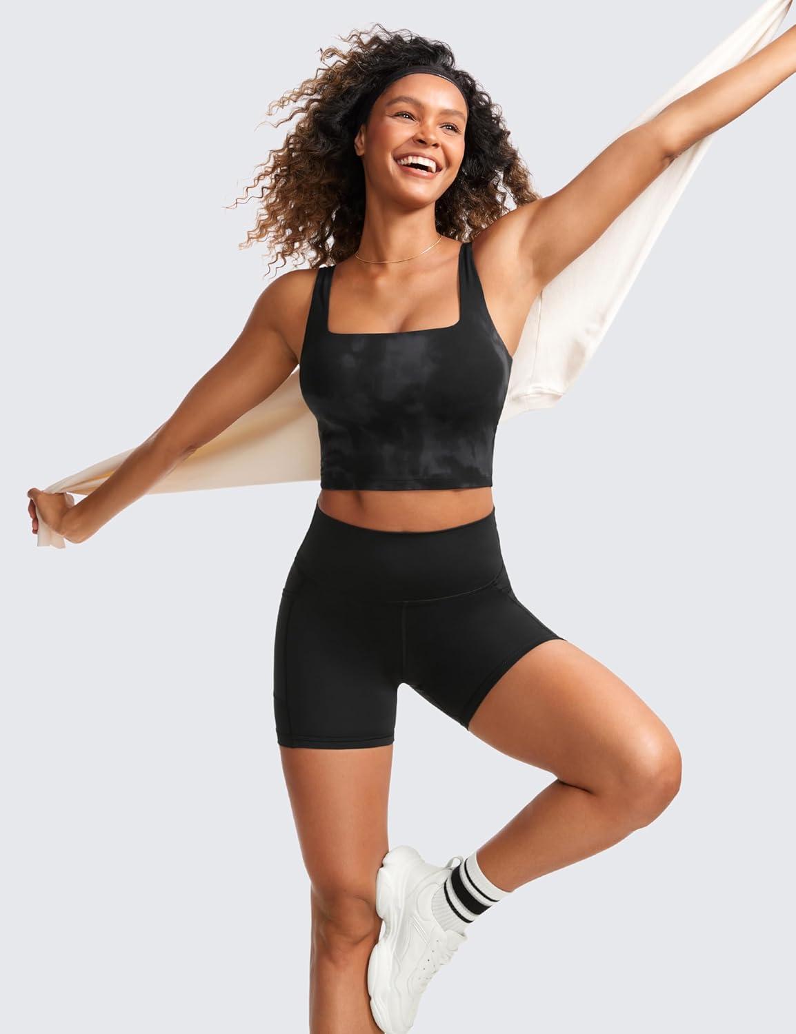 imageCRZ YOGA Butterluxe Square Neck Crop Tank Tops for Women Workout Longline Sports Bras Padded Yoga CamisoleBlack Tie Dye Flowers