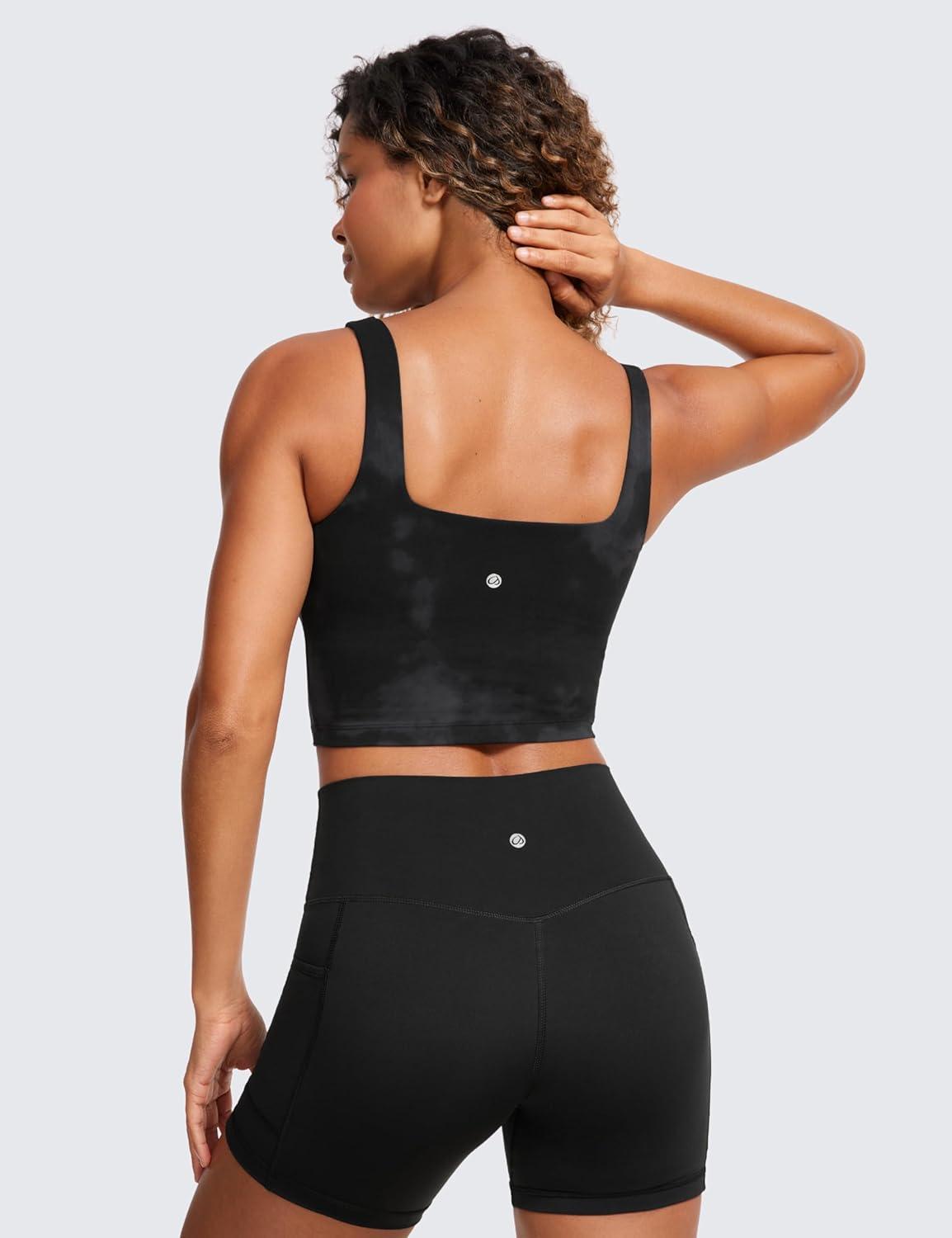 imageCRZ YOGA Butterluxe Square Neck Crop Tank Tops for Women Workout Longline Sports Bras Padded Yoga CamisoleBlack Tie Dye Flowers