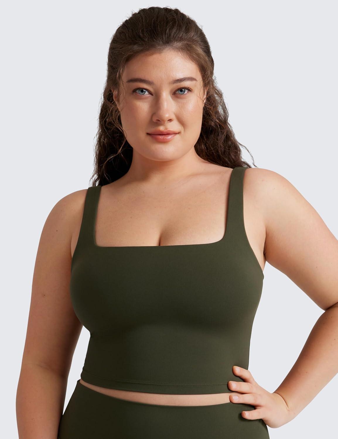 imageCRZ YOGA Butterluxe Square Neck Crop Tank Tops for Women Workout Longline Sports Bras Padded Yoga CamisoleOlive Green