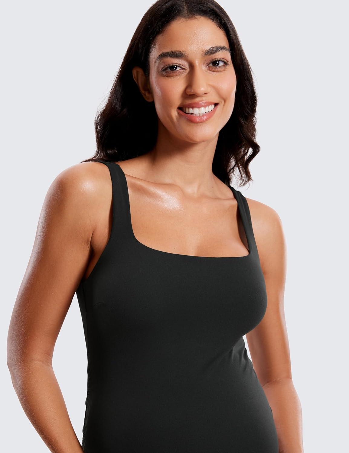 imageCRZ YOGA Butterluxe Square Neck Sleeveless Maternity Dress Split Ruched Tanks Womens Pregnancy Bodycon Casual Baby ShowerBlack